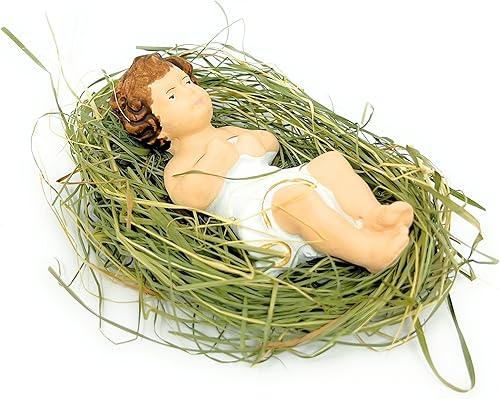 Baby Jesús en pesebre de madera tendido en heno natural, figura pequeña de 4 pulgadas (pequeño, 4 pulgadas, heno natural)