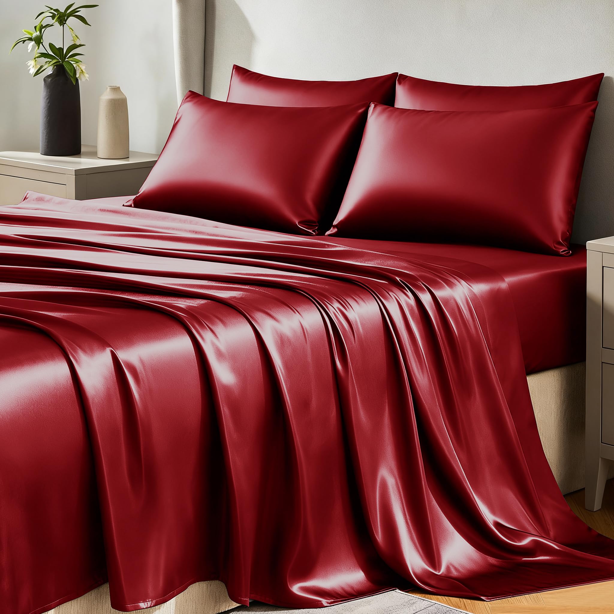CozyLux Satin Sheets Queen Size Bed Set - 4 Piece Silky Queen Sheet Set, Luxury Sheets with Smooth and Soft Microfiber, Includes 1 Fitted Sheet, 1 Flat Sheet and 2 Pillowcases: Burgundy Queen(6Pc)