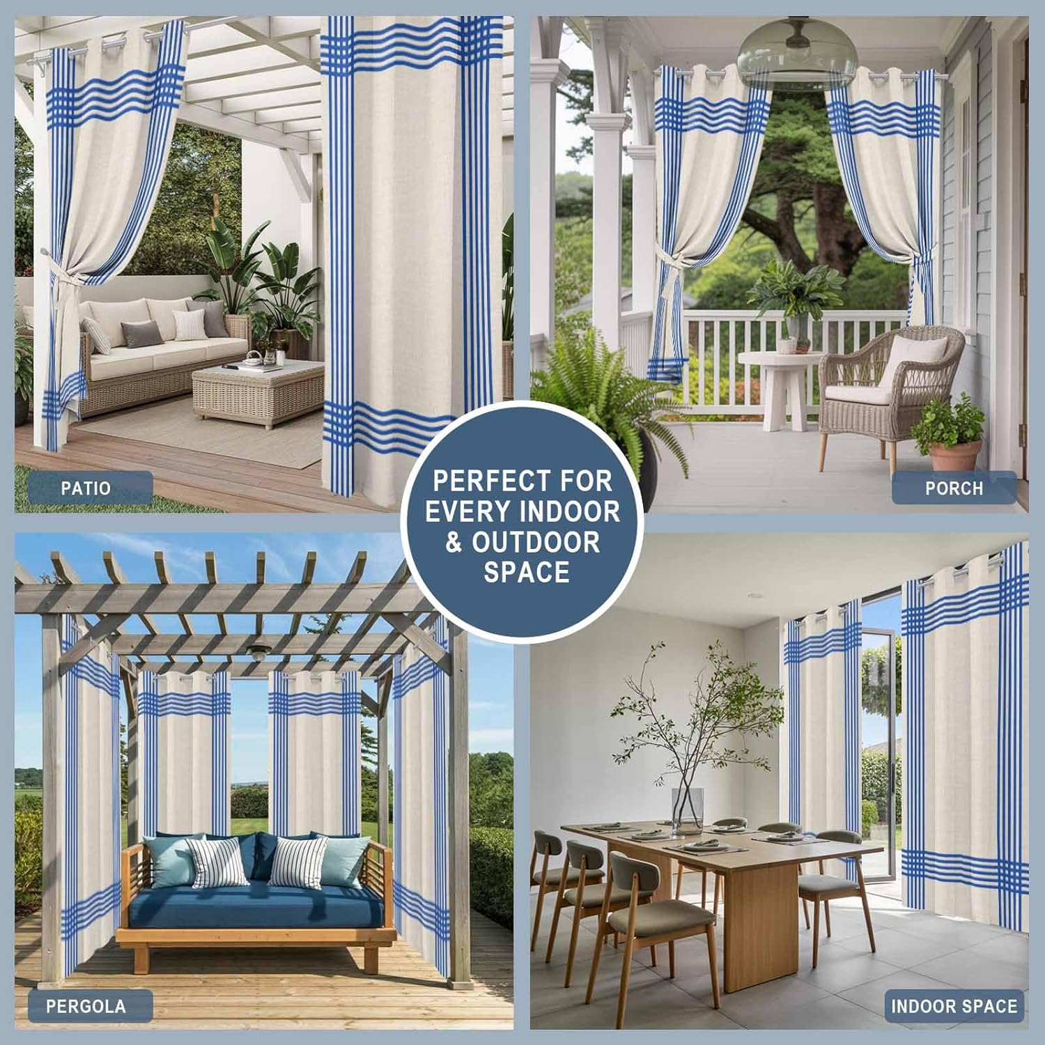 Weighted Outdoor Curtains for Patio Waterproof 84 in 2 Panels Classic Blue Striped Drapes Weatherproof Privacy Outside Curtain for Porch Gazebo Pergola Cabana,Grommet Top, Retro Line on Linen