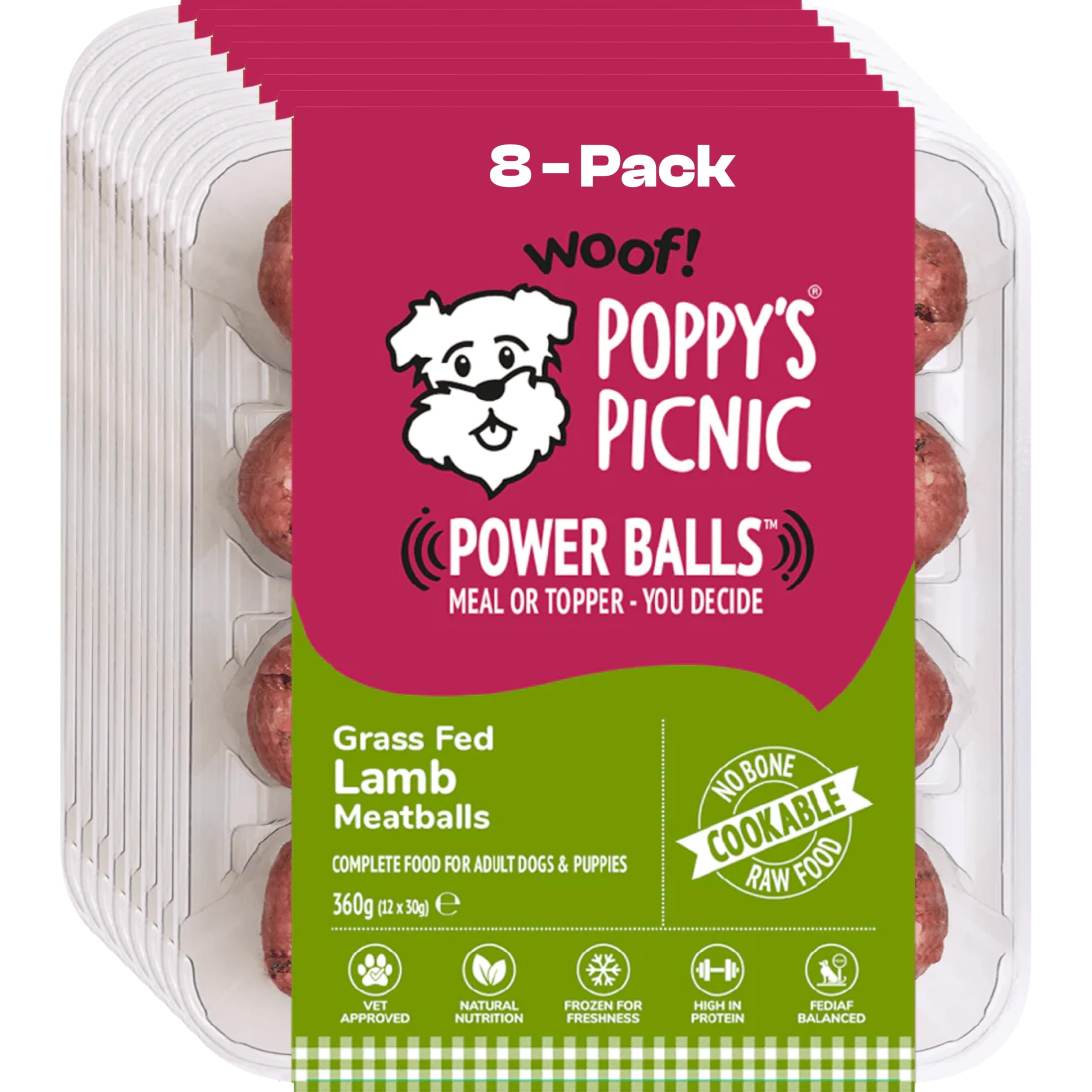Poppy’s Picnic - POWER BALLS Lamb – 8 Pack Raw Frozen Dog Food – High Protein Frozen Dog Food Raw – Complete Lamb Power Balls or Healthy Topper – 8 x 360g