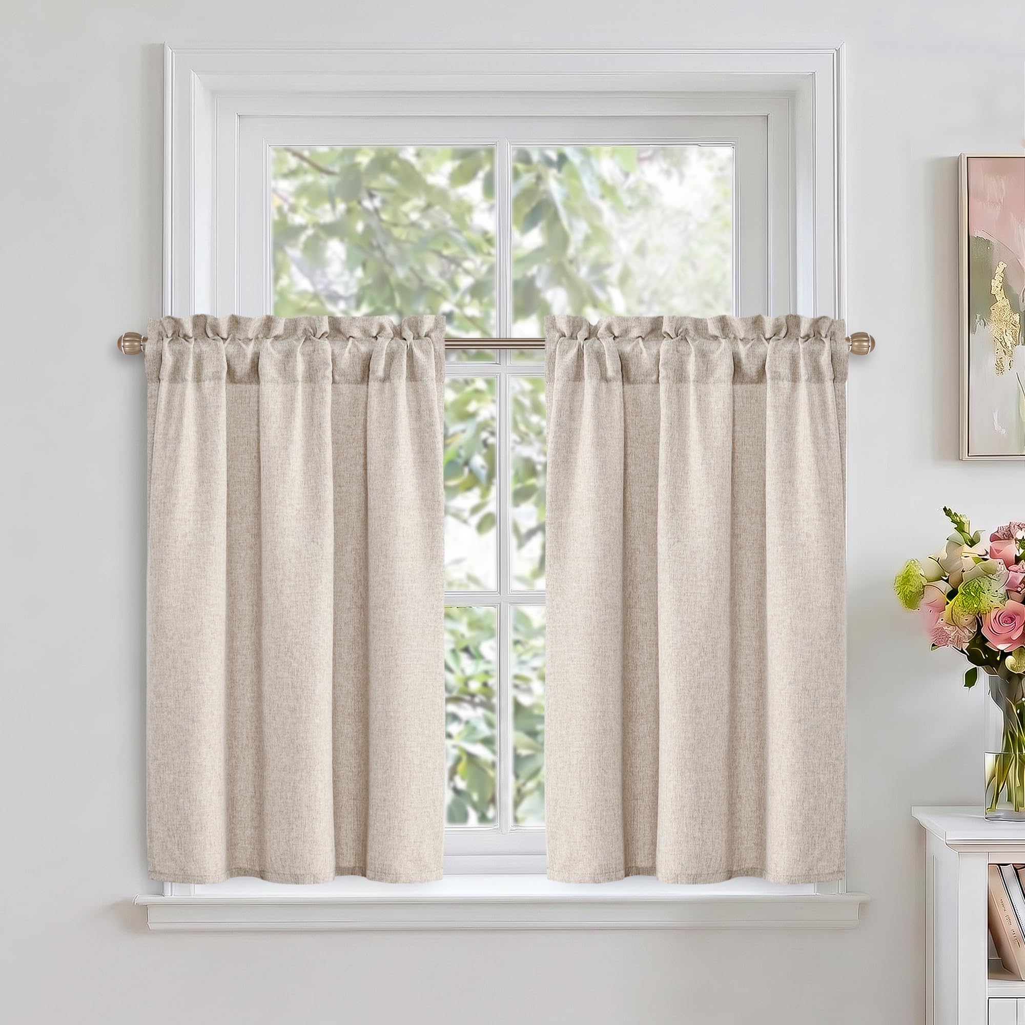 DWCN Sand Faux Linen Kitchen Curtains, 30 Inch Drop Cafe Curtains for Small Windows, Solid Colour Short Window Curtain Tiers for Bathroom, Cupboard, Sink, Rod Pocket, W 26 x L 30 Inch, 2 Panels