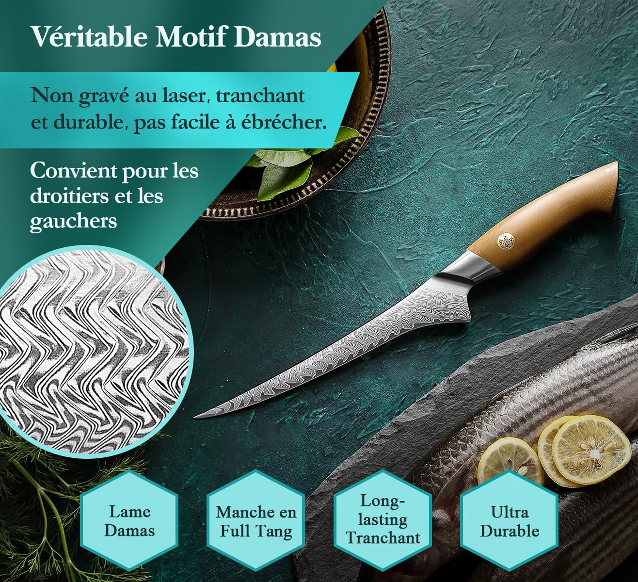 HEZHEN Couteaux à Filet,Couteau à Désosser Damas en Acier Damas 67 Couches,Couteau à Poisson Professionnel