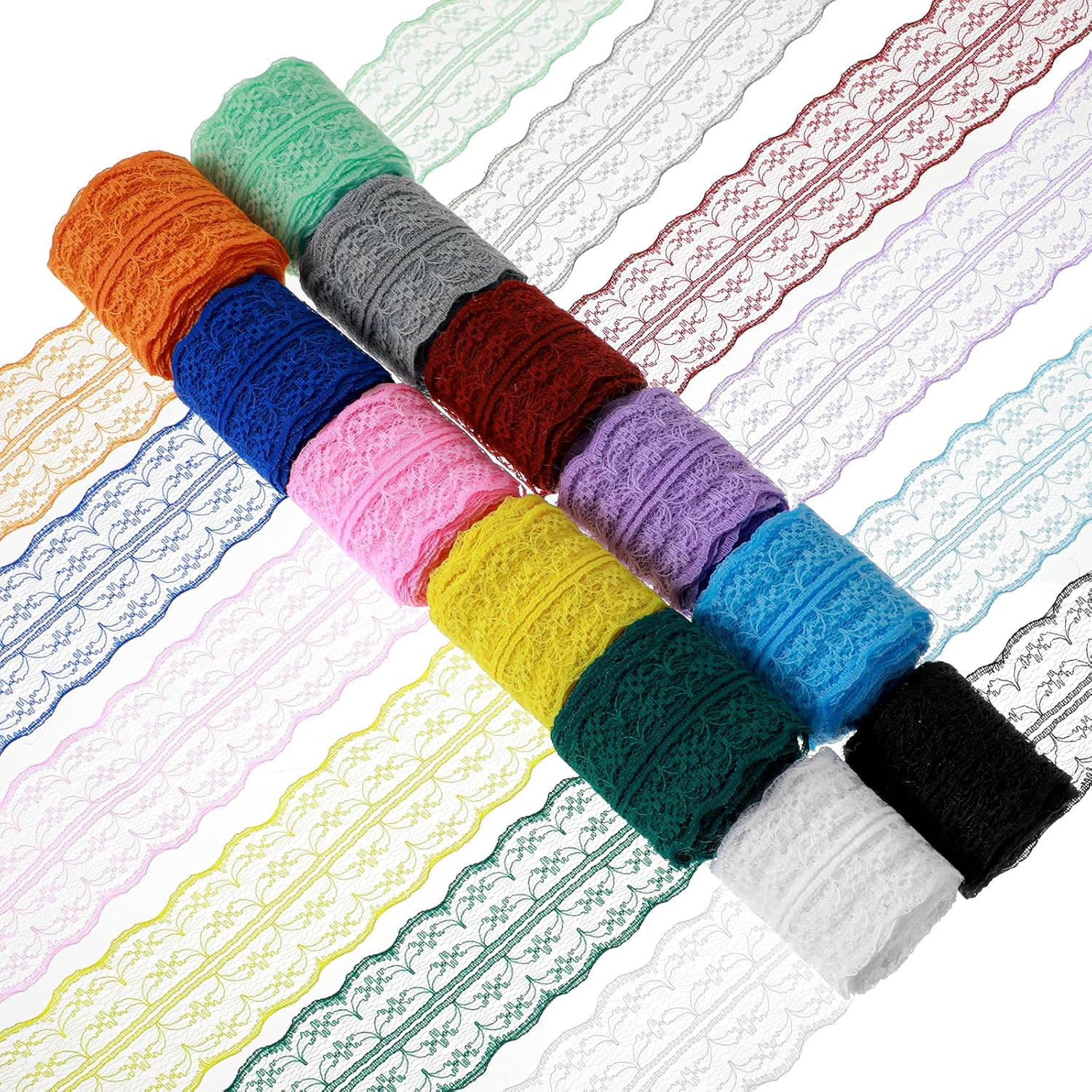 12 Rolls 60 Yards Lace Ribbon, Lace Fabric 1.77In /4.5 cm Wide, Bilateral Floral Ribbon for Sewing DIY Crafts, Dress Embellishments, Hair Bow Making, Gift Wrapping (12 Colors)