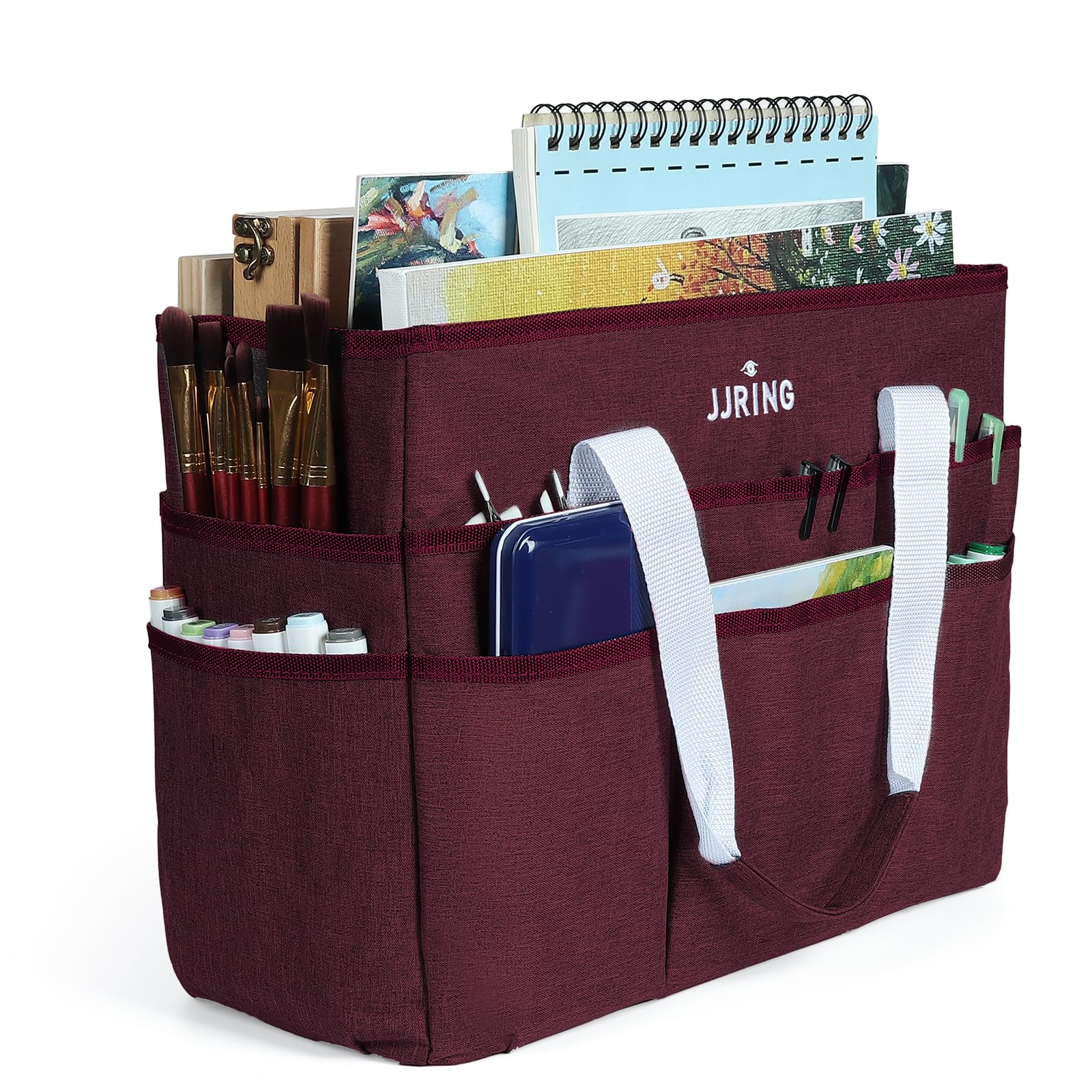 JJRING Craft Organizer Tote Bag, Large Art Storage Caddy with Multiple Pockets, Dark Red Sewing Bag for Art, Craft, Scrapbooking, School, Medical, and Office Supplies Storage