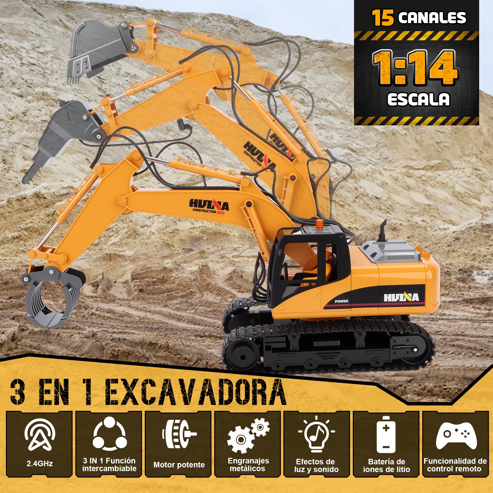 FORMIZON 2.4GHz 15CH Excavadora Teledirigido Cuchara, Martillo Hidráulico, Pinza para Madera 3-in-1 Accesorios Metálicos RC Excavadora Juguetes Regalos Niños 8-12 Años