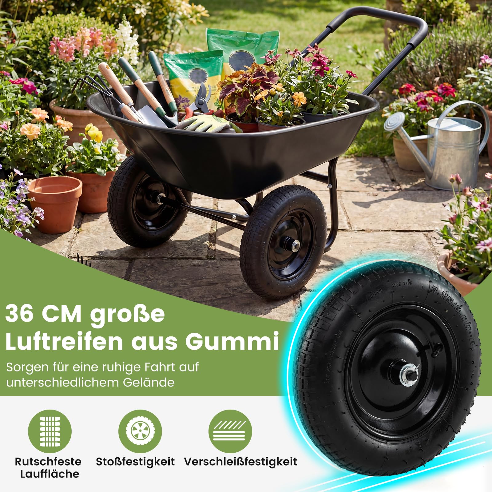 COSTWAY Schubkarre 2 Räder, Vollgummireifen, 78 L, Schiebkarre mit Kippfunktion & Griff, Gartenschubkarre bis 100 kg, Bauschubkarre Metallrahmen, Transportkarre Garten, 64 x 138 x 65 cm (Schwarz)