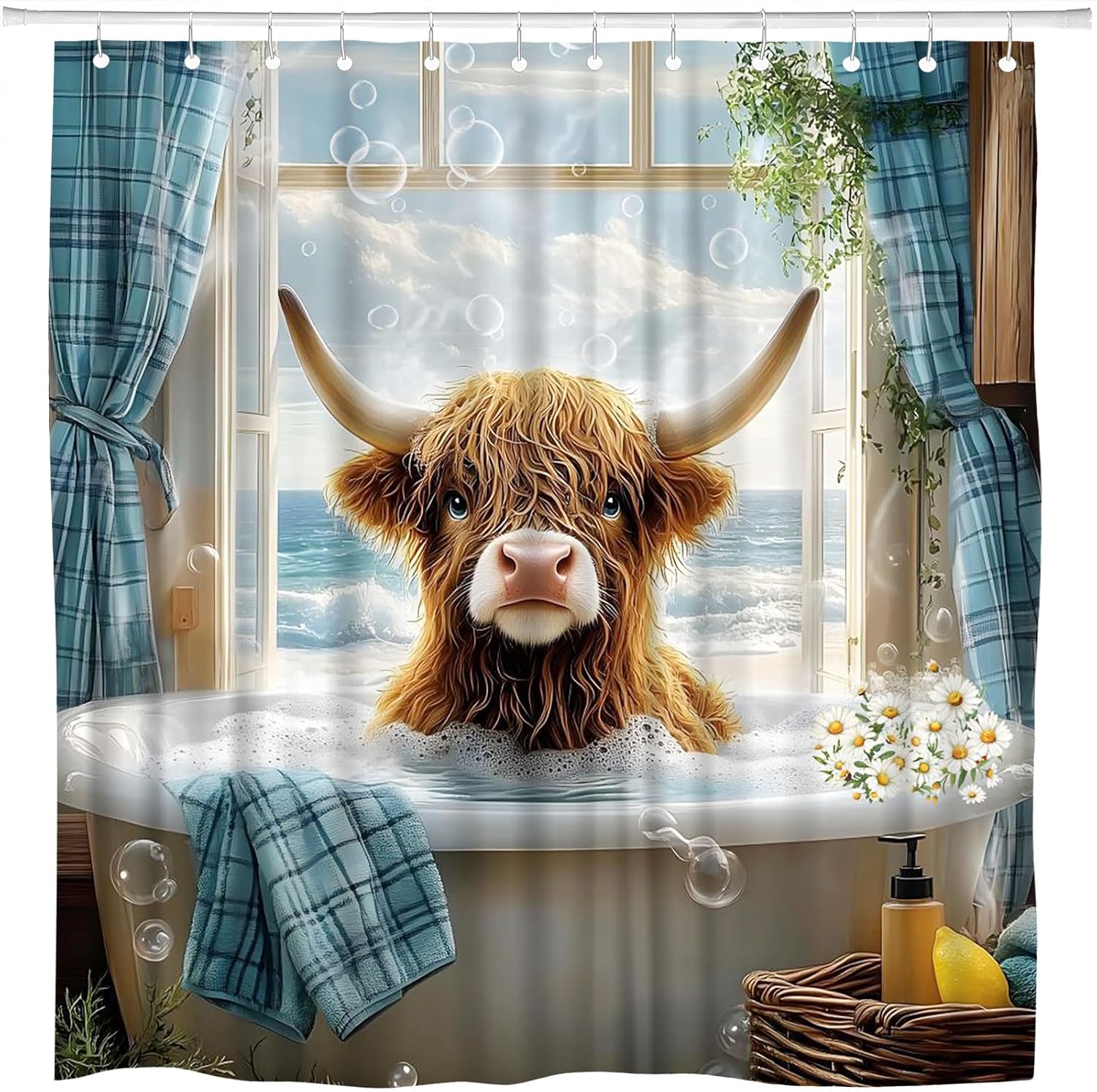 Highland Cow Shower Curtain Funny Cute Cattle Ocean View Landscape Bathtub Calf Tropical Hawaii Scene Plaid Curtain Daisy Bathroom Polyester Curtains Set with Hooks 70x84 Inch