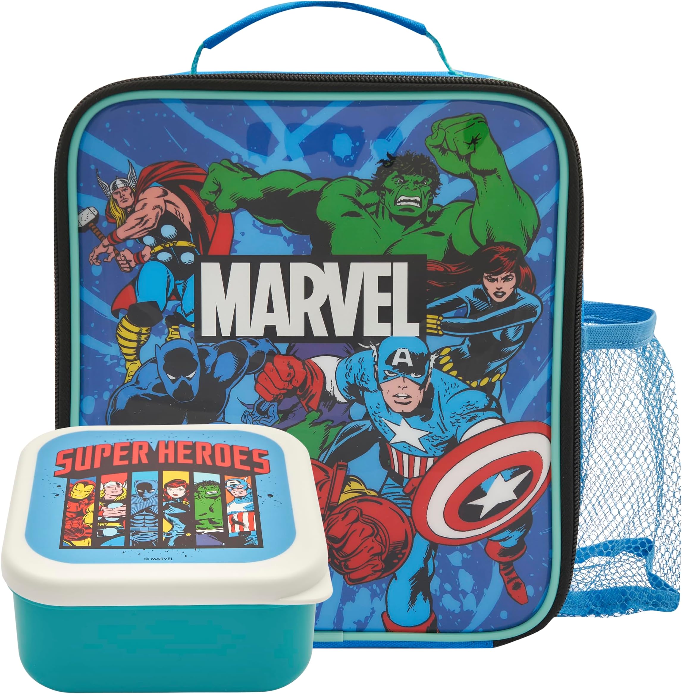 Marvel Avengers Super Bag with Mini Heroes Lunch Box, Polyester, Blue