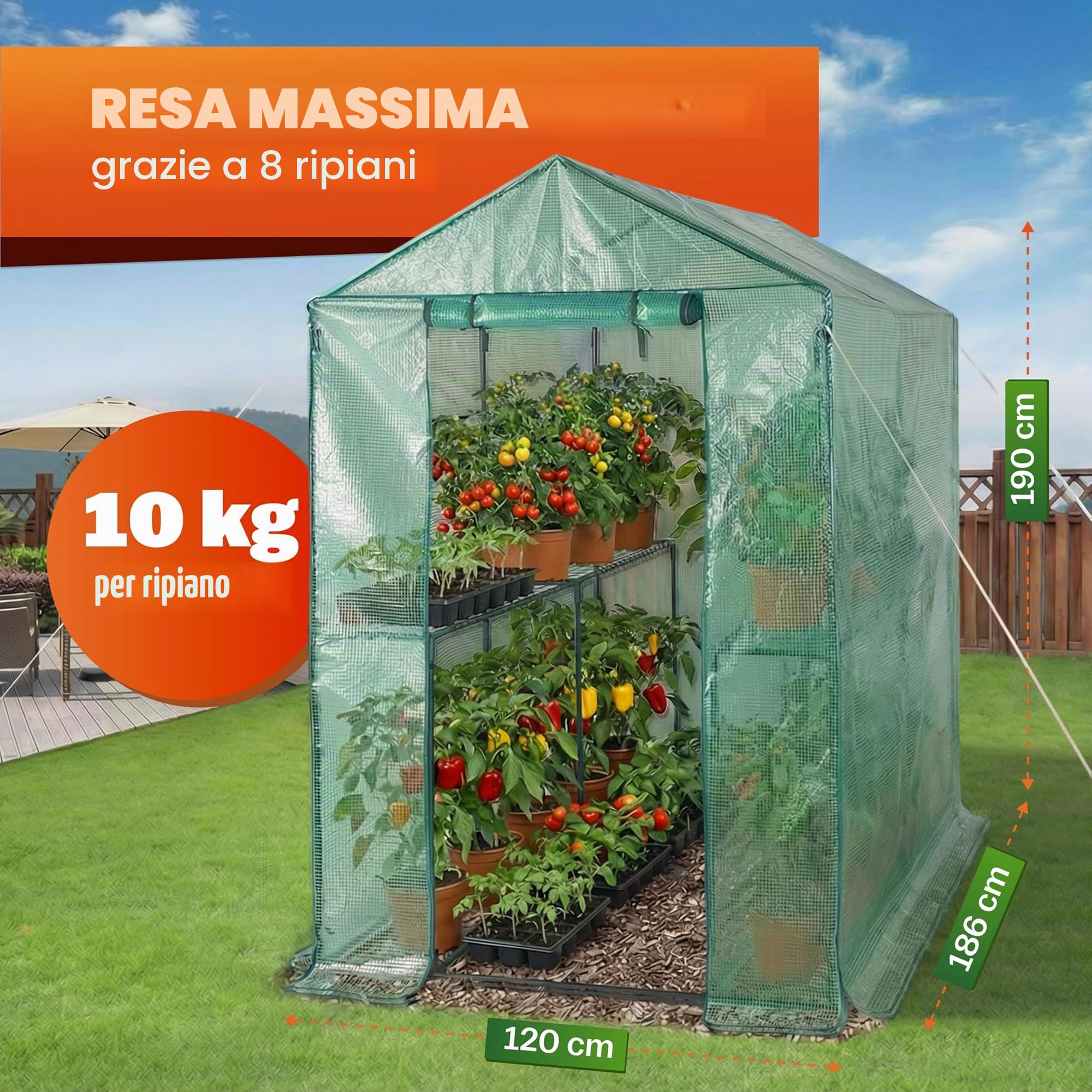 Gardebruk Serra da Giardino 2,23 m² 4 Ripiani Porta Arrotolabile 190x186x120cm Serre Piante Verdure
