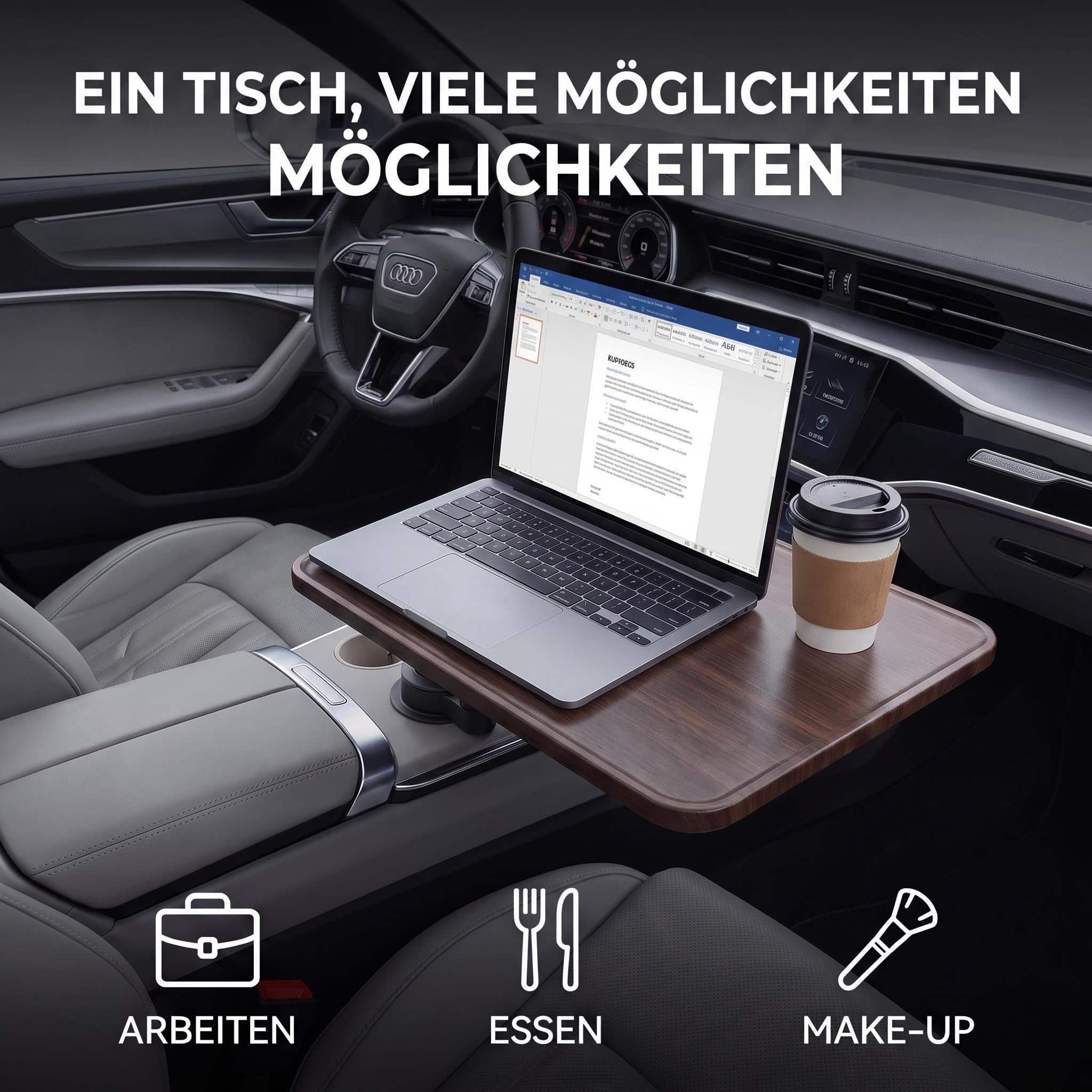 Autotisch für Laptop, geeignet für Arbeiten und Pausen im Fahrzeug mit 360°, Laptophalterung aus Holz für das Auto Tisch Tablett, Für Tesla Model Y/3/S, Ford F150 und die meisten Anderen Fahrzeug