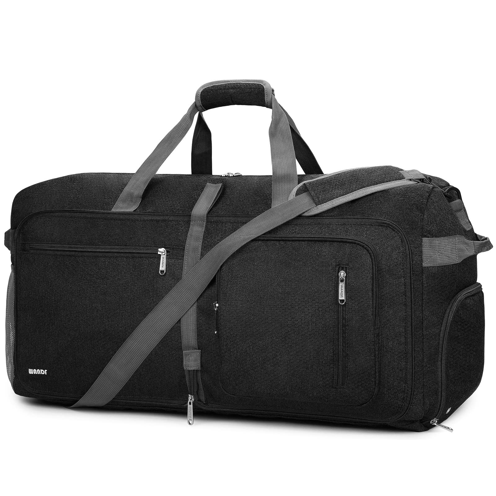WANDFFoldable Duffel Bag 65L with Shoes Compartment, Overnight Weekender Travel Duffle for Men Women Water-proof & Tear Resistant(Black)