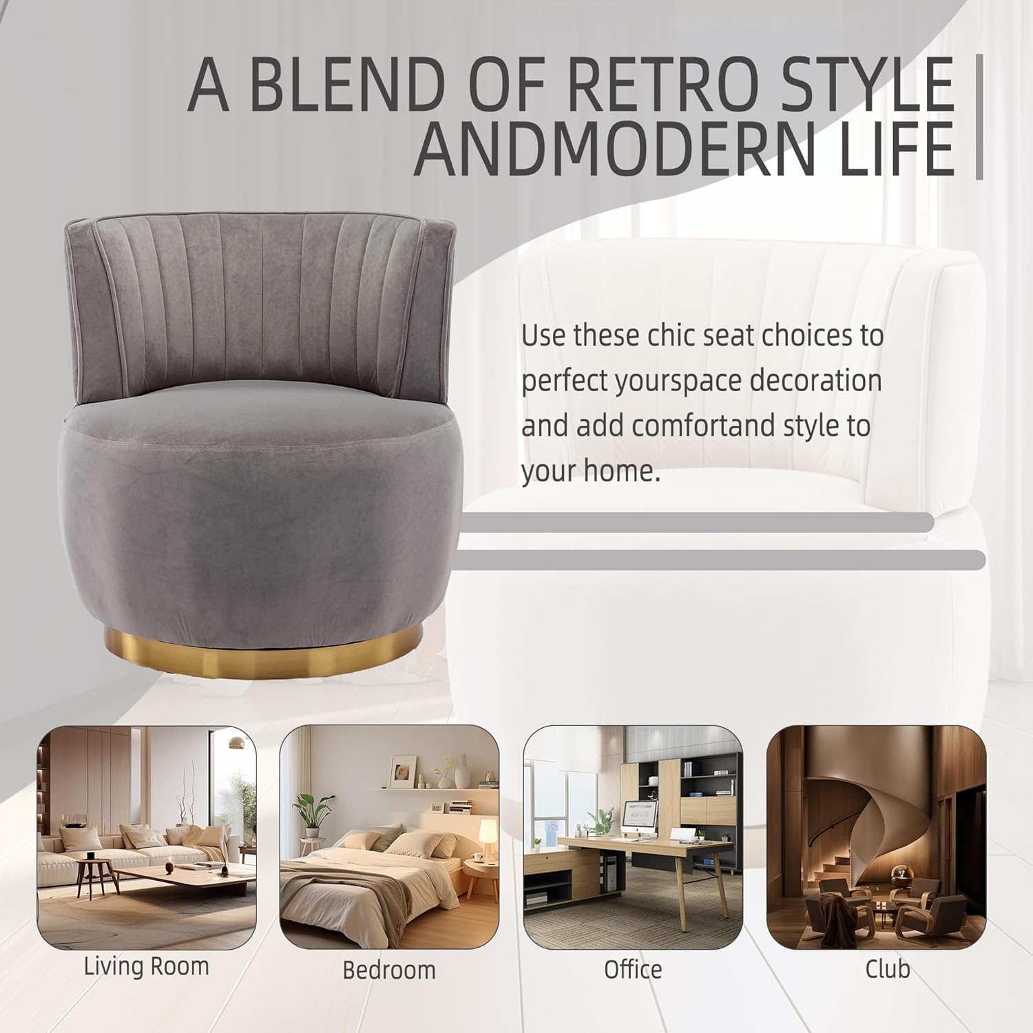 360° Swivel Barrel Accent Chair, Gray Round Club Arm Chair with Metal Base, Modern Single Sofa Seating, Velvet Reading Seat in for Living Room, Bedroom, Office (Grey)