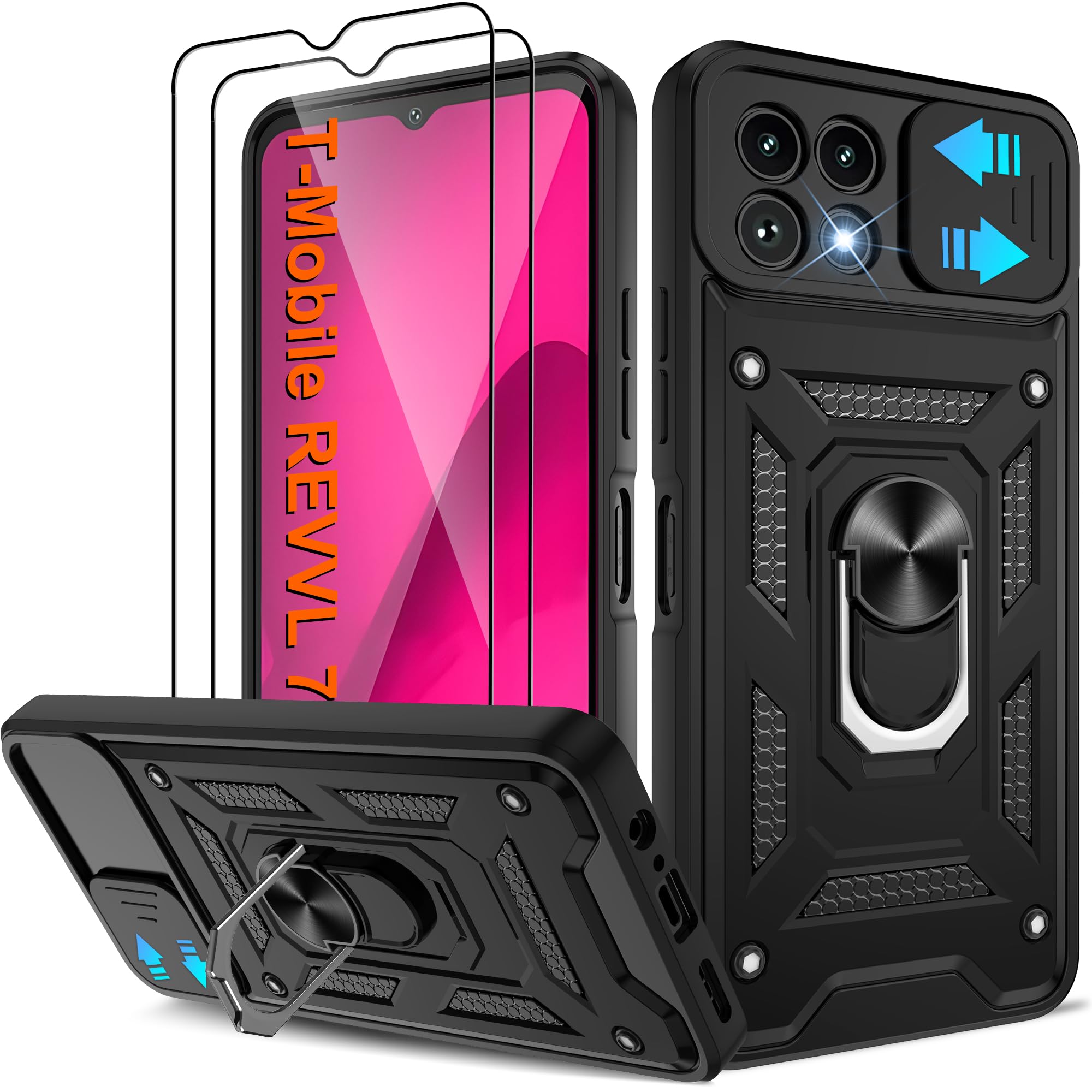 ATUMP for T-Mobile REVVL 7 5G Case with (2 Pcs) HD Screen Protector, Heavy Duty Shockproof with 360° Rotation Metal Kickstand [Military Grade]