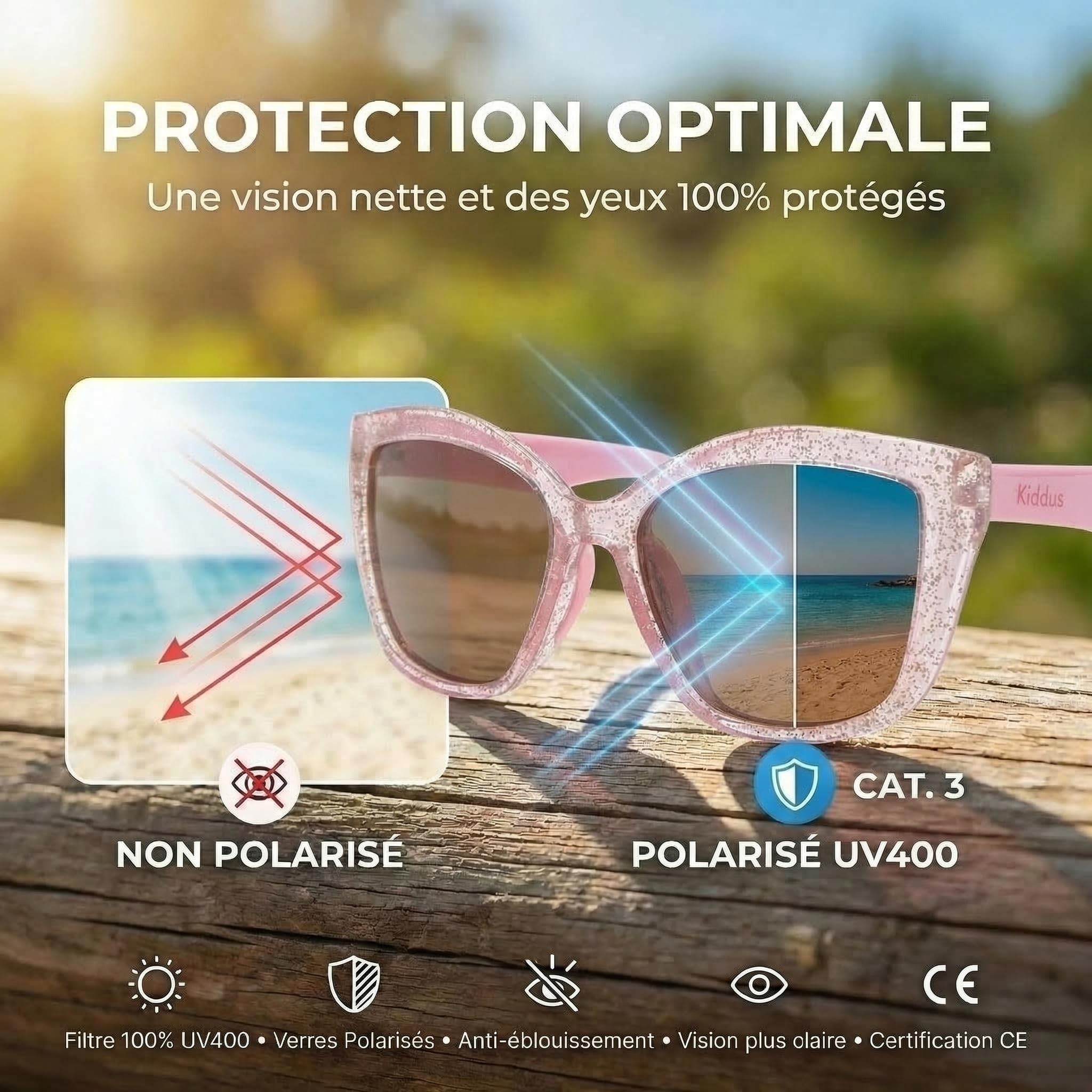 Kiddus Lunettes de Soleil Fille 4-8 Ans, Polarisées UV400 CAT3, Monture TR90 Flexible, Branches TPE, Pont en Silicone, Certifiées CE ISO REACH