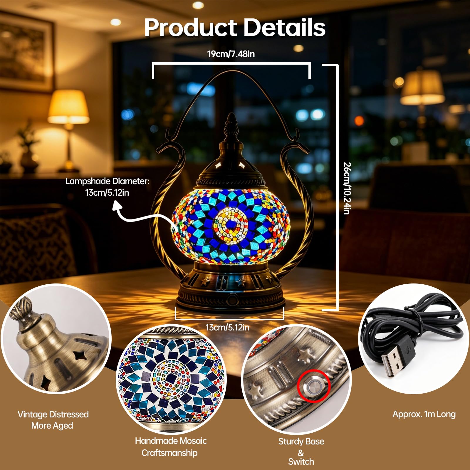 Lampada da tavolo a mosaico turco, realizzata a mano, in vetro colorato, con manico, stile Tiffany, lampada da comodino bohémien, ricaricabile tramite USB, lanterna marocchina, per decorazione camera