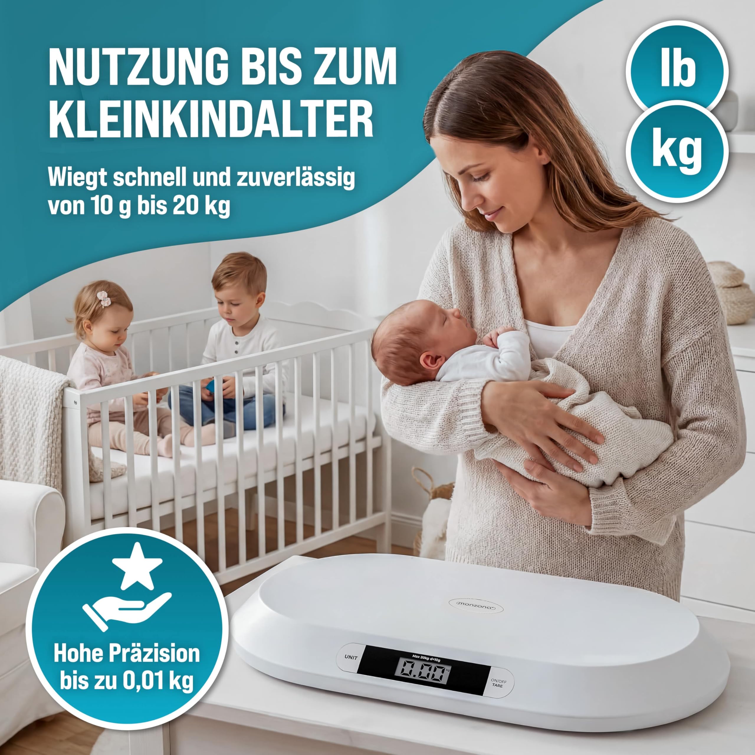 MONZANA® Digitale Babywaage bis 20 kg Säuglingswaage mit Tara-Funktion - Große Liegefläche LCD-Display Stillwaage Holdfunktion Hunde & Katzen Kleintiere