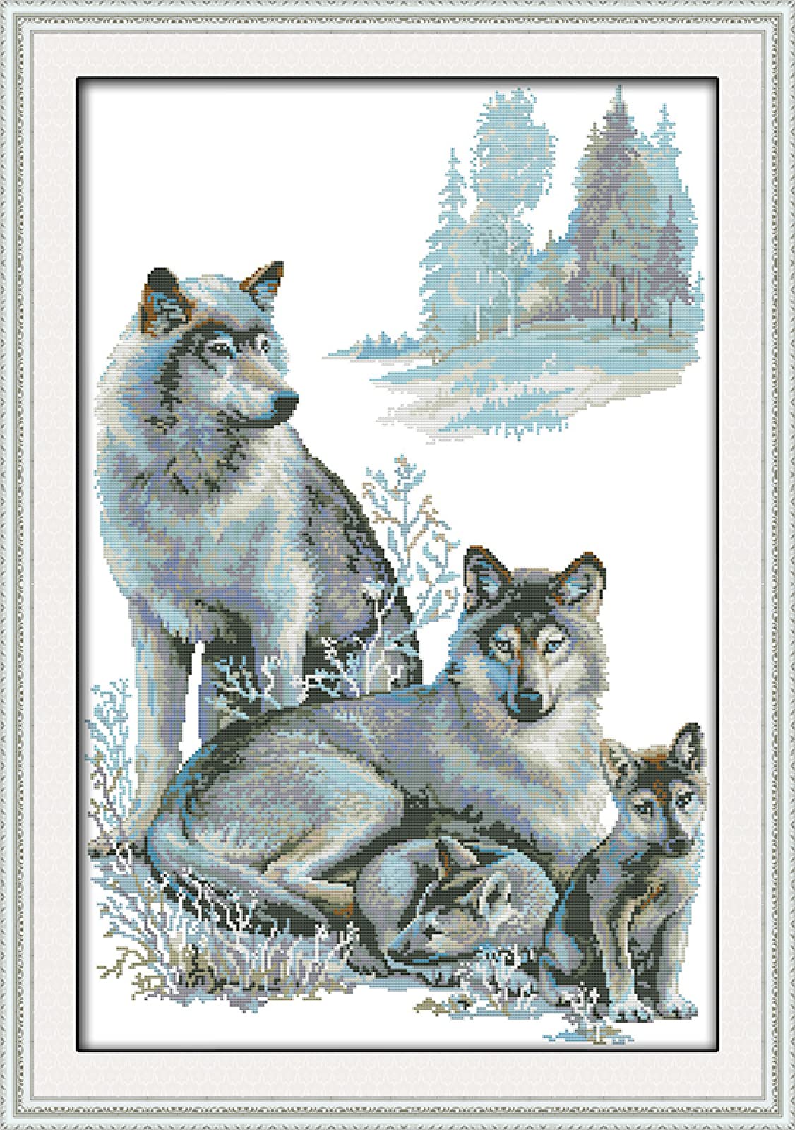 Kreuzstich-Set Mit Wolf-Motiv – Vorgedruckte Leinwand 40x50 Cm Inkl. Garn & Nadel Für Anfänger
