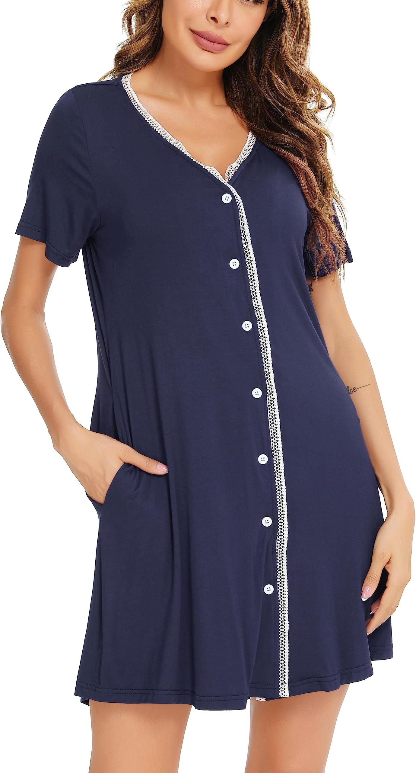 Vlazom Women's Nightdress Button Down Nightshirts Lace Trim Nighties Soft Nightgown Sleepwear with Pockets S-XXL