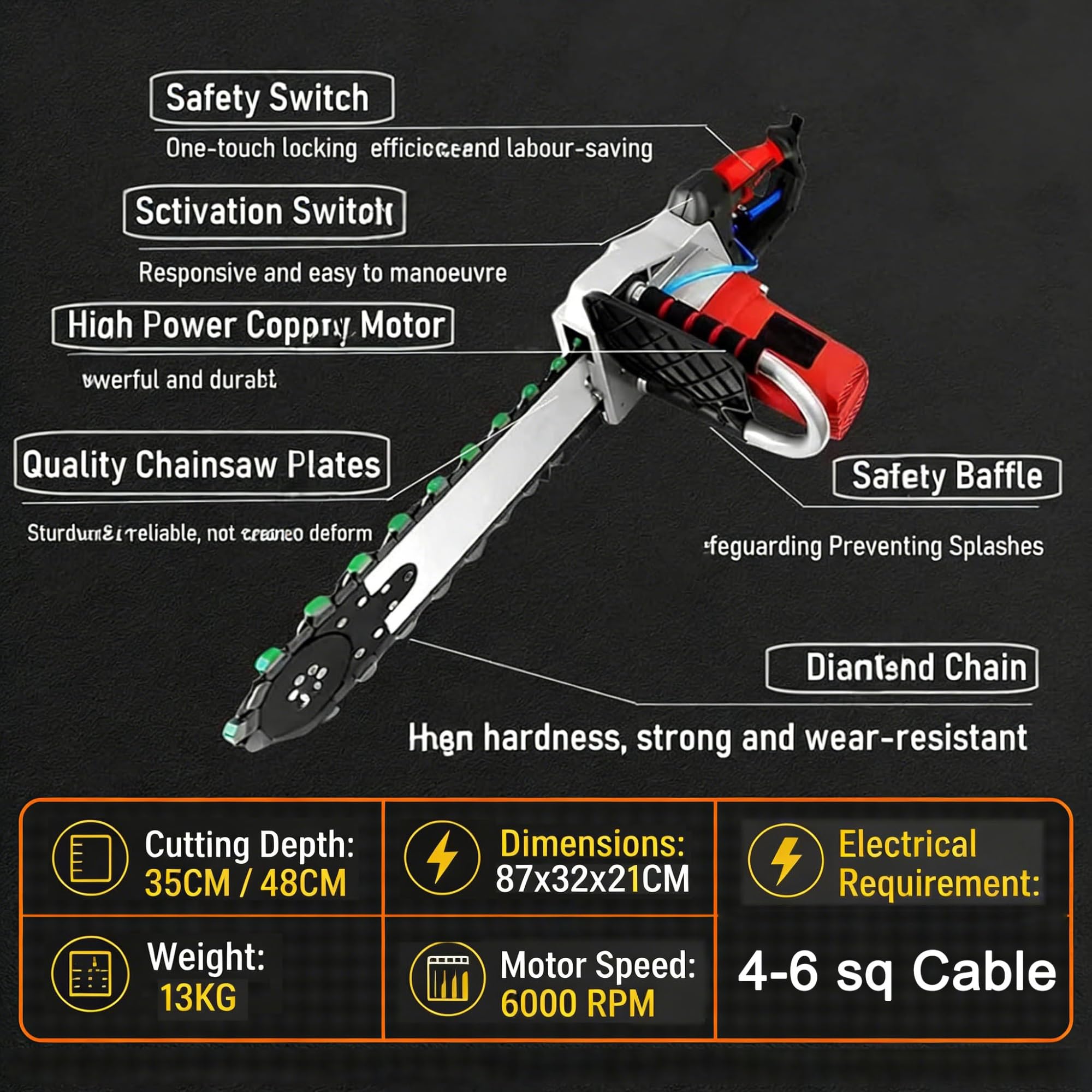 Sierra De Pared Hormigón Eléctrica 5800W/6500W Con Suministro De Agua, Sierra De Cadena Para Hormigón, Granito, Ladrillos, Mármol, Corte Preciso(48CM)