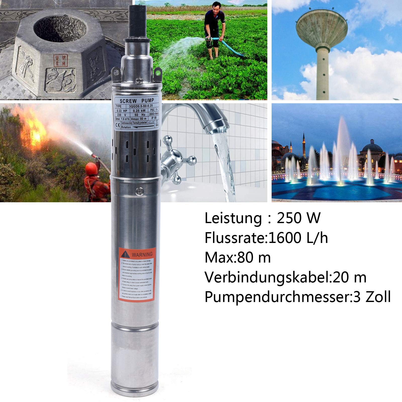Pompa do studni głębinowych, średnica pompy 7,5 cm, 250 W, pompa do studni głębinowych ze stali nierdzewnej 1600 l/h, wysokość tłoczenia 80 m