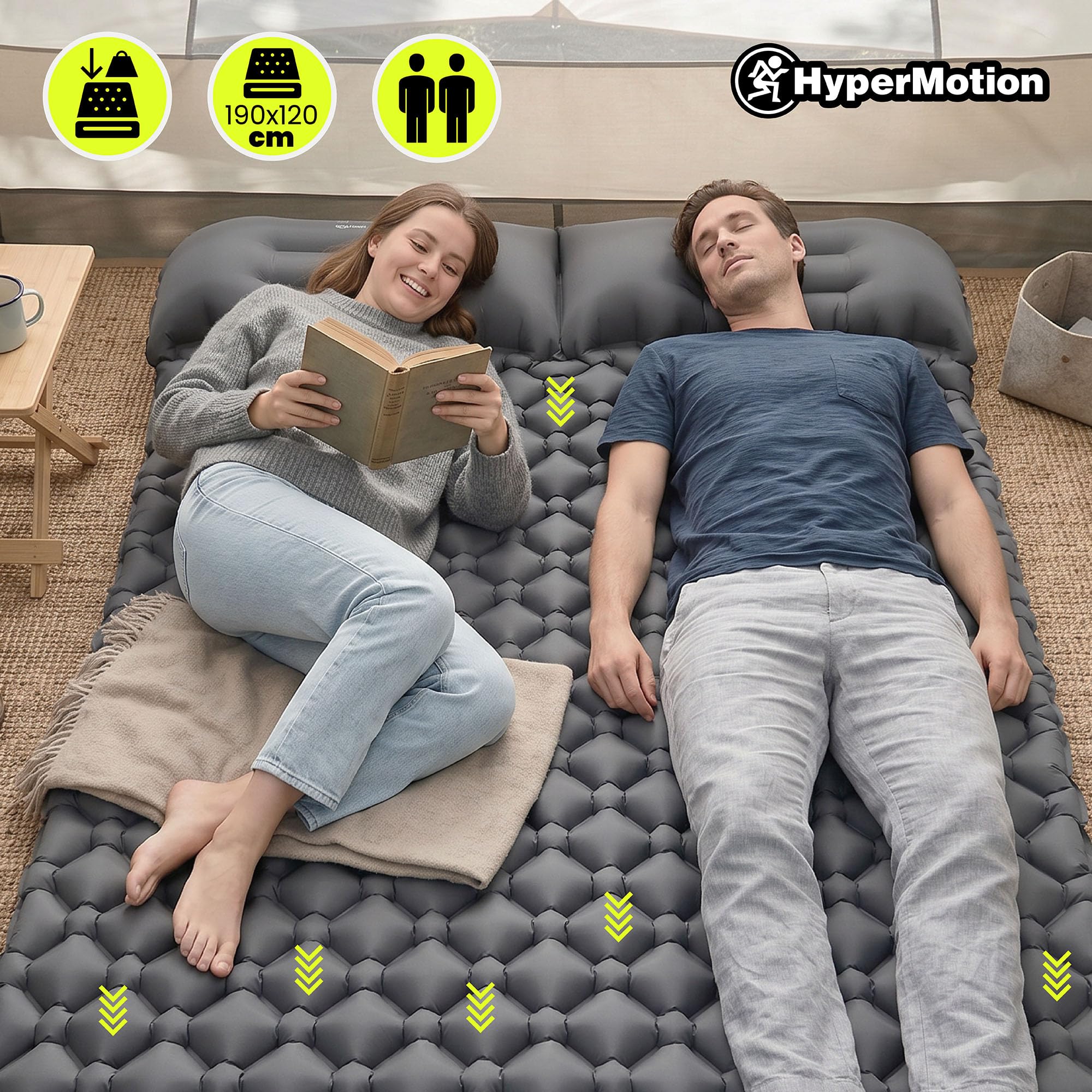 HyperMotion Campmat 2 Isomatte für 2 Personen 190x120 cm, Grau | 940 g Gewicht, zwei integrierte Kopfkissen, großes Liegeformat für gemeinsame Outdoor-Abenteuer