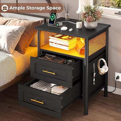 Miniatura 5 de MSmask Mesita de noche LED con estación de carga, mesita de noche LED negra con cajones, mesita de noche industrial con puertos USB y tomas, mesa