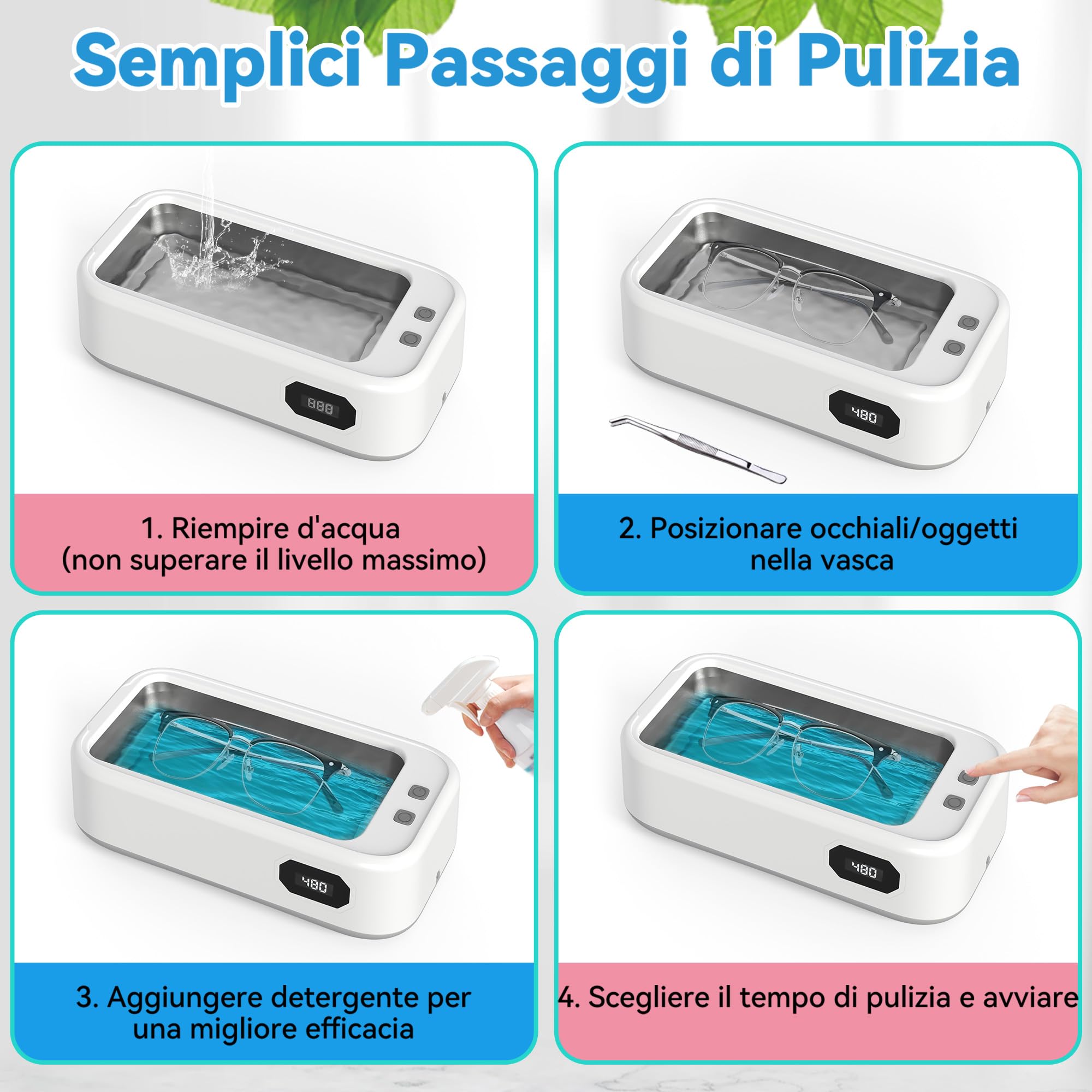 Pulitore Ultrasuoni，alta frequenza 49KHz ultrasonic cleaner，grande capacità 640ml display LED timer a 5 livelli portatile pulitore ultrasuoni apparecchio denti，adatto per gioielli, occhiali, anelli, o