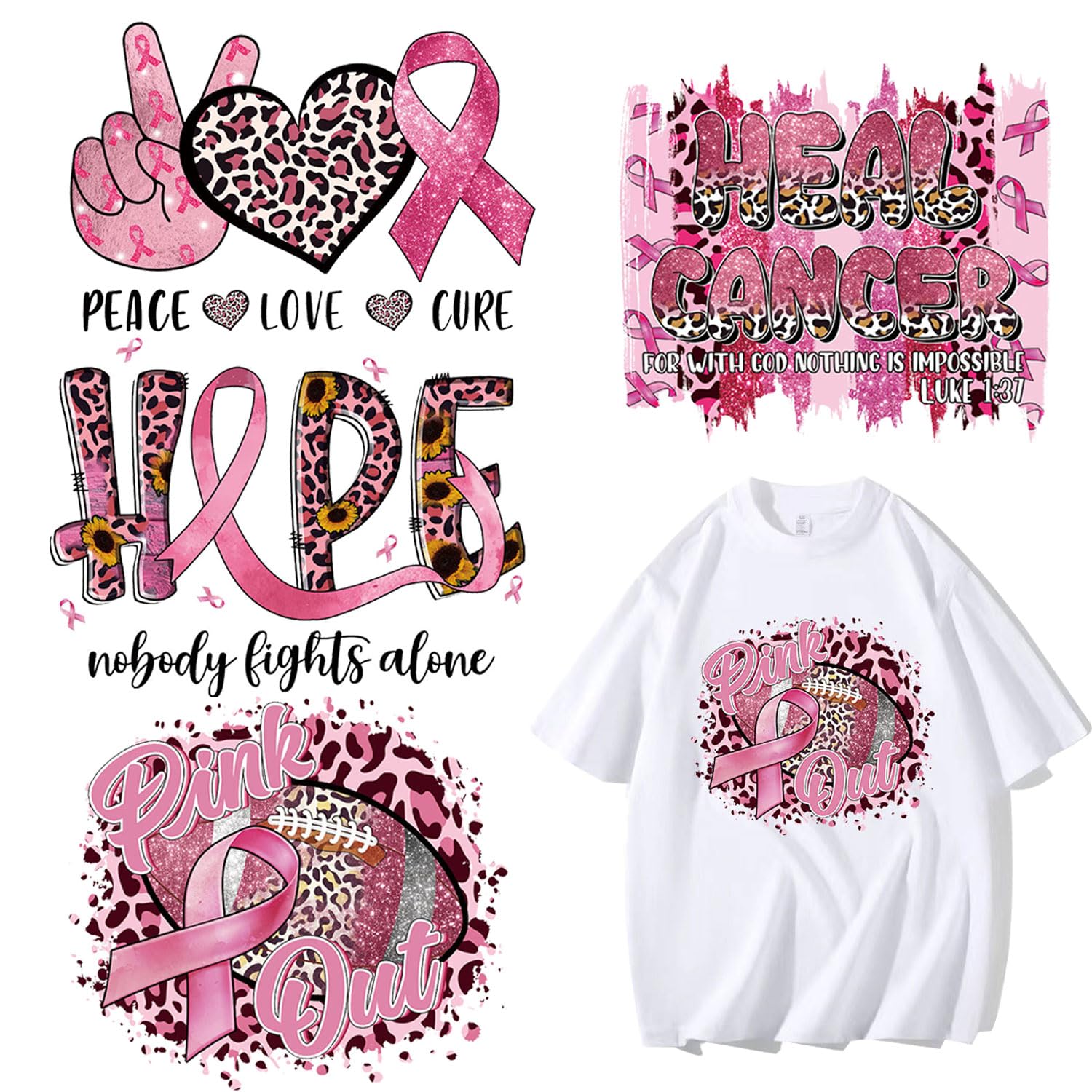 4 Sheets Breast Cancer Awareness Iron on Transfer Pink Ribbon Iron on Vinyl Stickers Patches Washable Heat Transfer Decals for Clothes Printing Applicable T-Shirt Jacket Sticker DIY Decorations