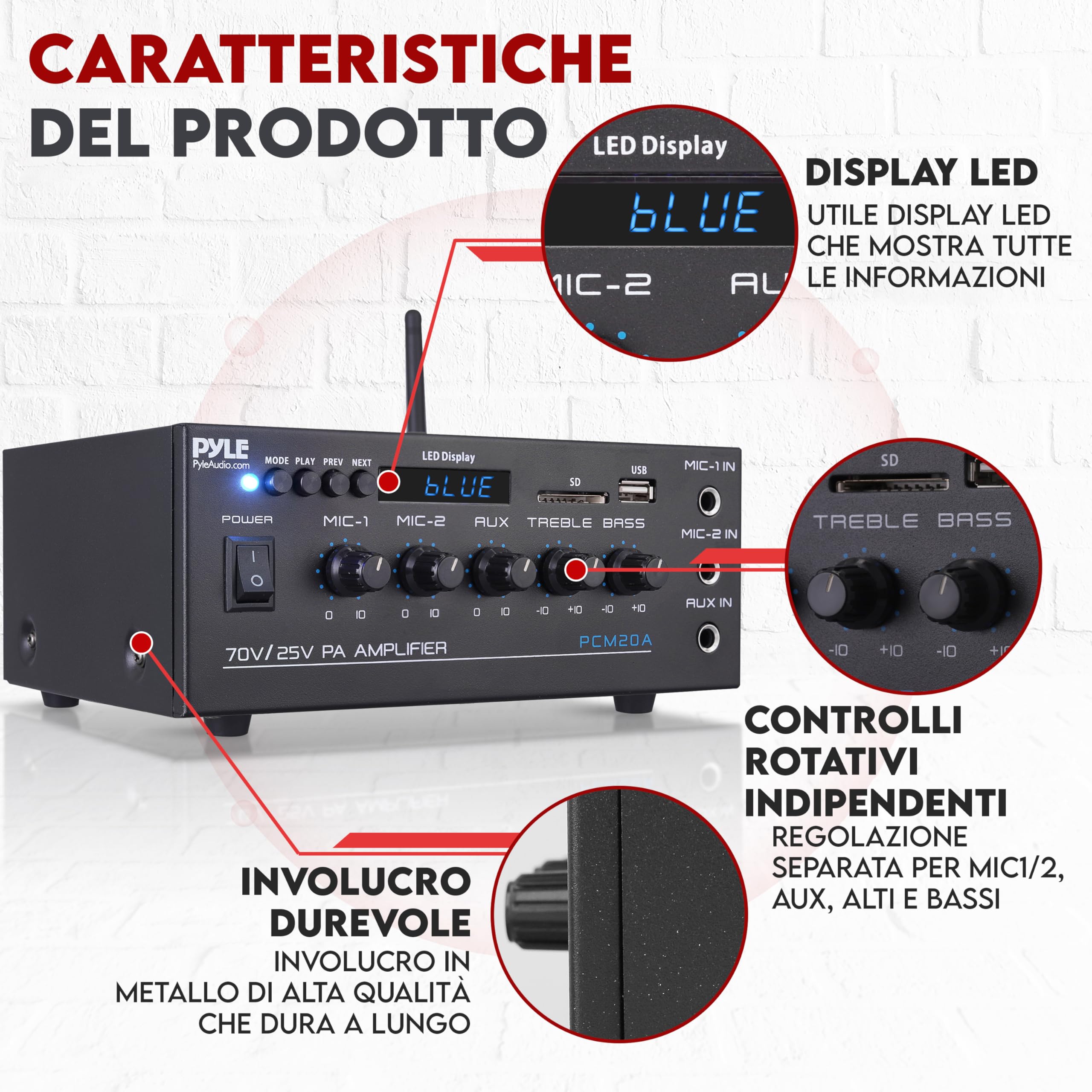 Pyle Amplificatore Audio Stereo Compatto 40 Watt, Ricevitore Audio Mini Smart con AUX, 2 Ingressi Microfono, Compatibile con Altoparlanti da 8 Ohm, 25V/70V, Selettore LED per Uscite Altoparlanti