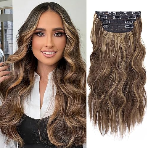 Miniatura 31 de 4 extensiones de cabello sintético con clip, extensiones de cabello rizado de 20 pulgadas de largo con clip (color: marrón medio)