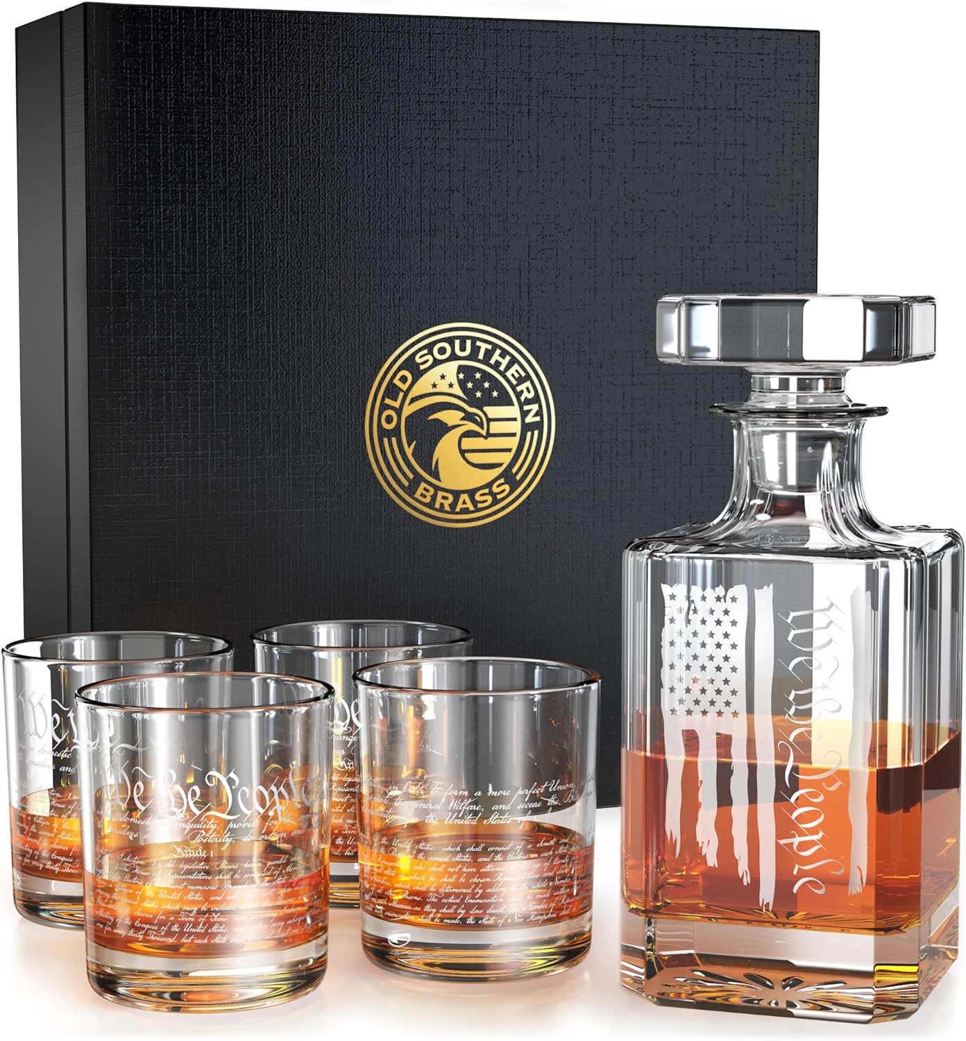 We The People Patriotic American Flag Decanter Whiskey Glass Gift Set - 5 Piece Set - Premium Gift Box - American Owned & Operated