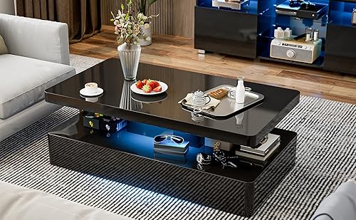 Miniatura 6 de Mesa de centro LED moderna, mesa de centro negra de alto brillo con luces LED de 16 colores, rectangular, 43.3 x 23.6 x 15.4 pulgadas