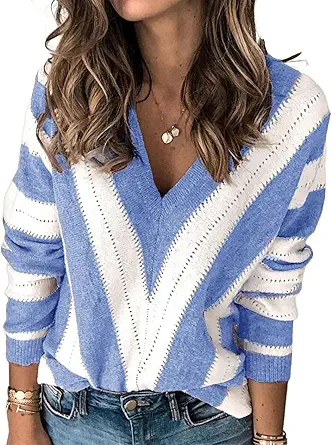 PRETTYGARDEN Sweaters for Women 2025 Long Sleeve Striped Knitted V Neck Pullover Jumper Tops Fall Outfits Fashion Clothing