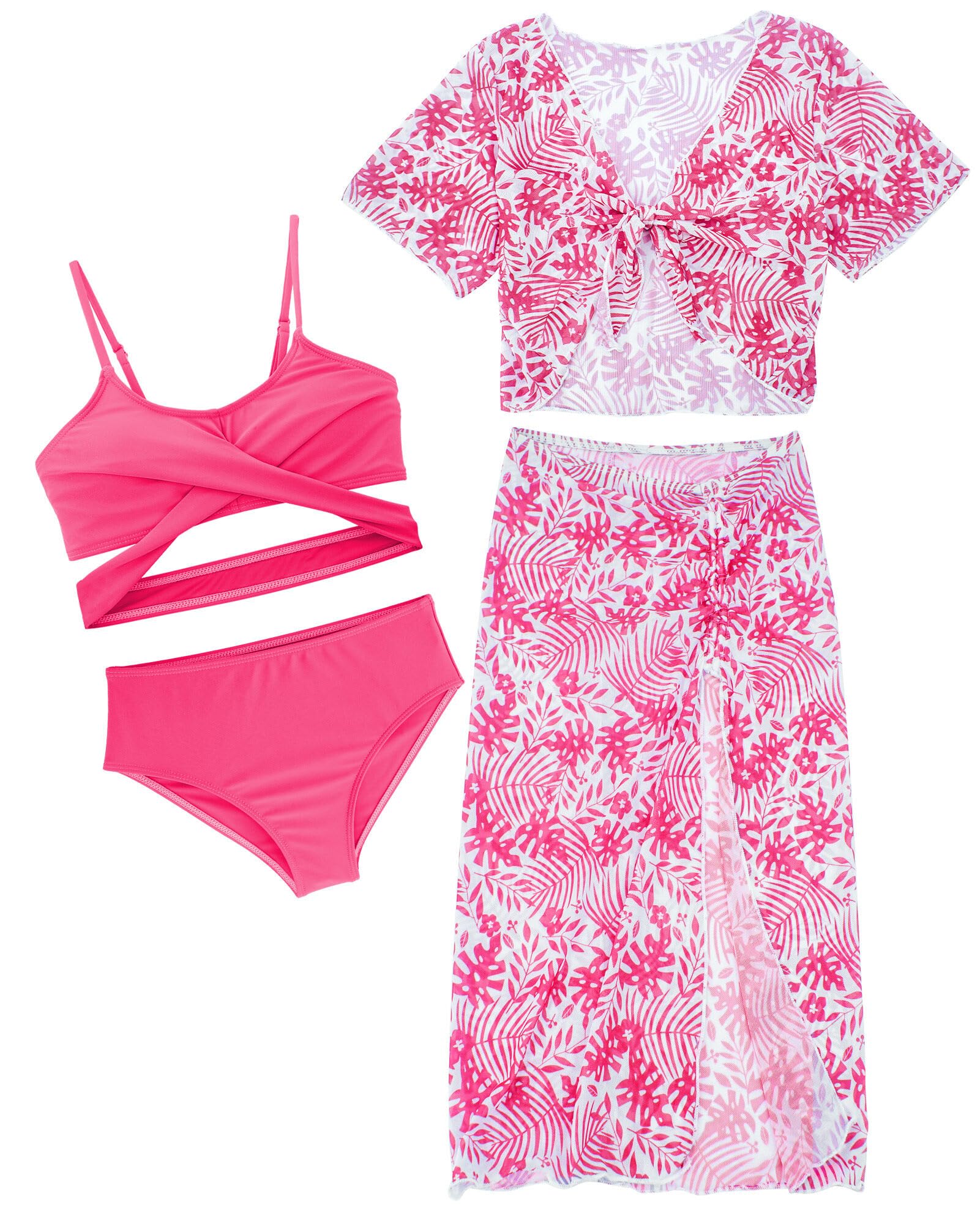 Panegy Ragazze Costumi da Bagno 4 Pezzi Bikini Tuta da Bagno Coprire Top con Pantaloncini da Spiaggia Gonna Bambini Nuoto Costume Surf Costumi da Bagno 8-12 Anni