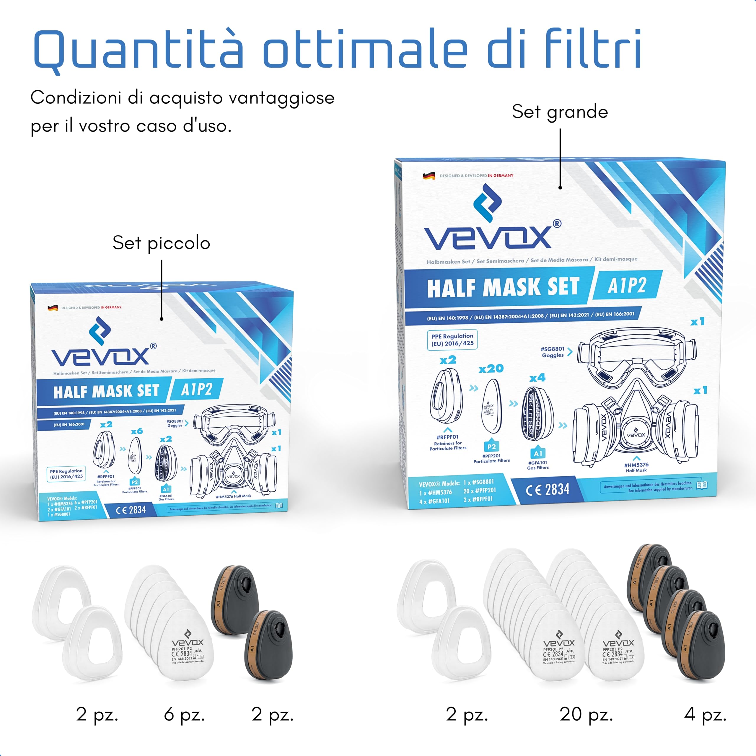 VEVOX® Maschera respiratoria con filtro A1P2 – Protezione da gas, vapori e polveri sottili – Ideale per verniciatura, levigatura e lavori edili – Con 6 filtri P2 antiparticolato e 2 A1 antigas