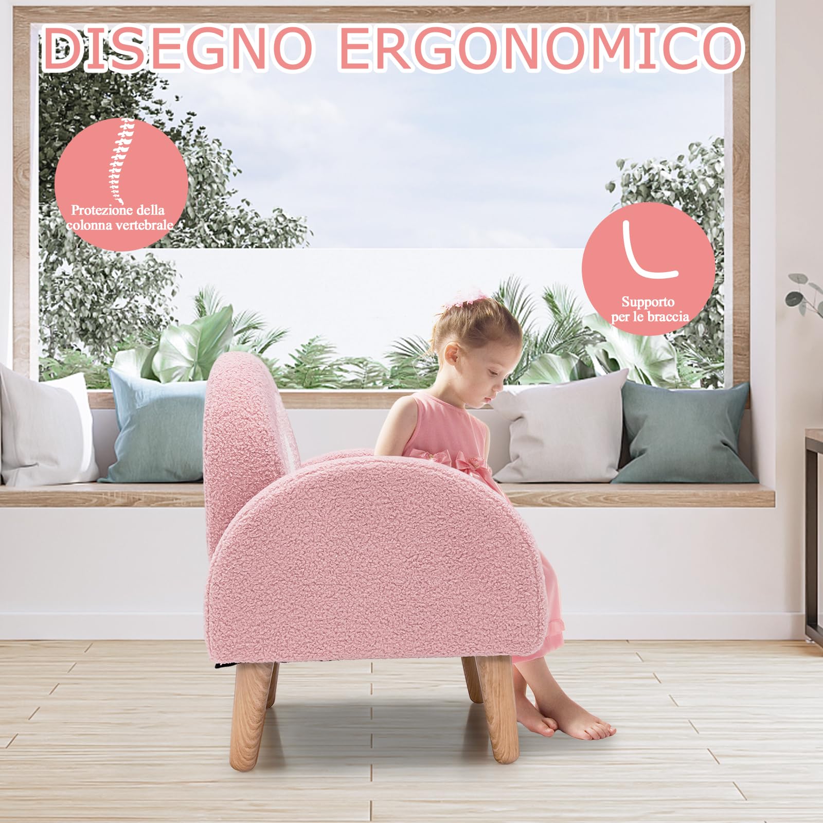 COSTWAY Divano Sedia per Bambini con Tessuto Morbido, Sedia Imbottita con Schiuma ad Alta Elasticità Gambe in Legno Massiccio, Adatta per Asilo Sala, Giochi Camera (rosa)