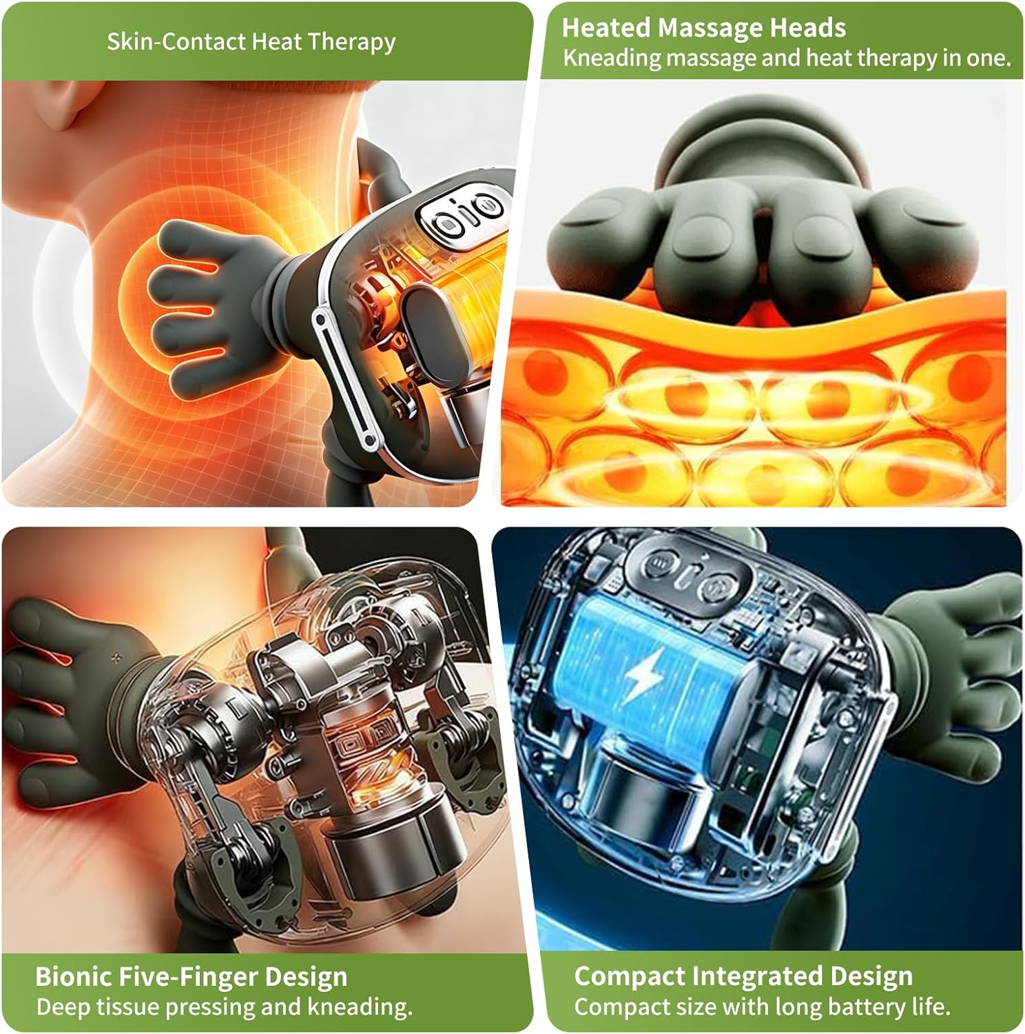 Neck and Shoulder Massager with Heat, 4D Shiatsu Deep Tissue Kneading, Bionic Hand Massage with Fingers, Wireless Portable Cervical & Back Massager for Pain Relief and Muscle Relaxation