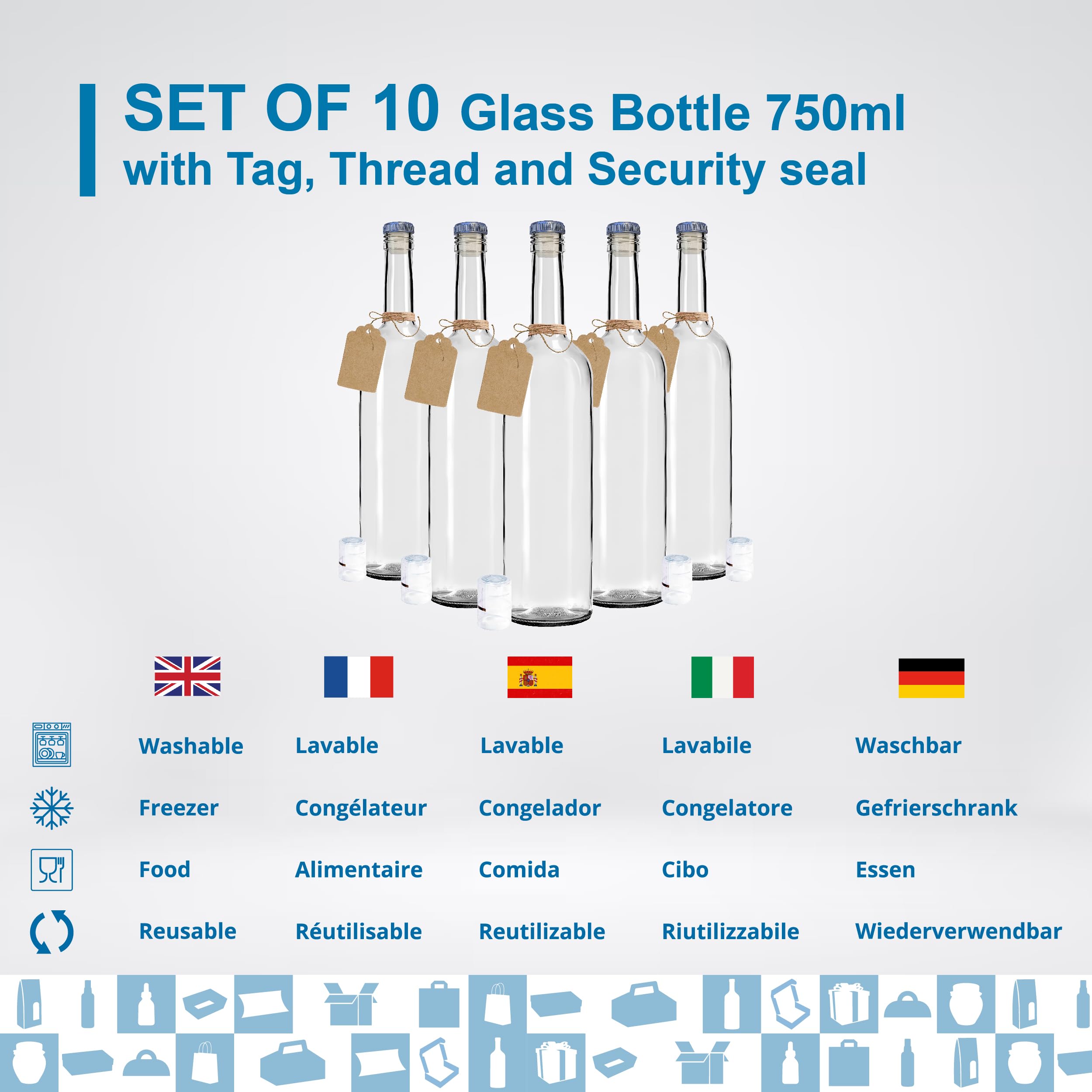 Espirito Rebelde 10 bottiglie di vino in vetro da 750 ml, con tappo incapsulato argentato, 10 sigilli + 10 etichette Kraft + spago - ideali per alcol e altre bevande, souvenir e cocktail