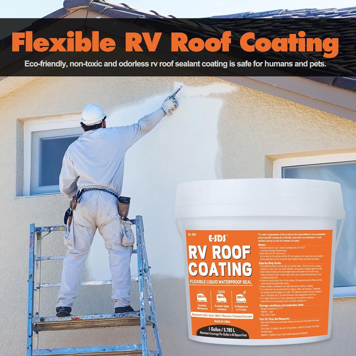 E-SDS RV Roof Sealant Waterproof - White 1 Gallon Liquid Flexible Rubber Repair Sealant Elastomeric Coating for Campers, Trailers, Metal Buildings - Accessories Packaged Inside The Bucket