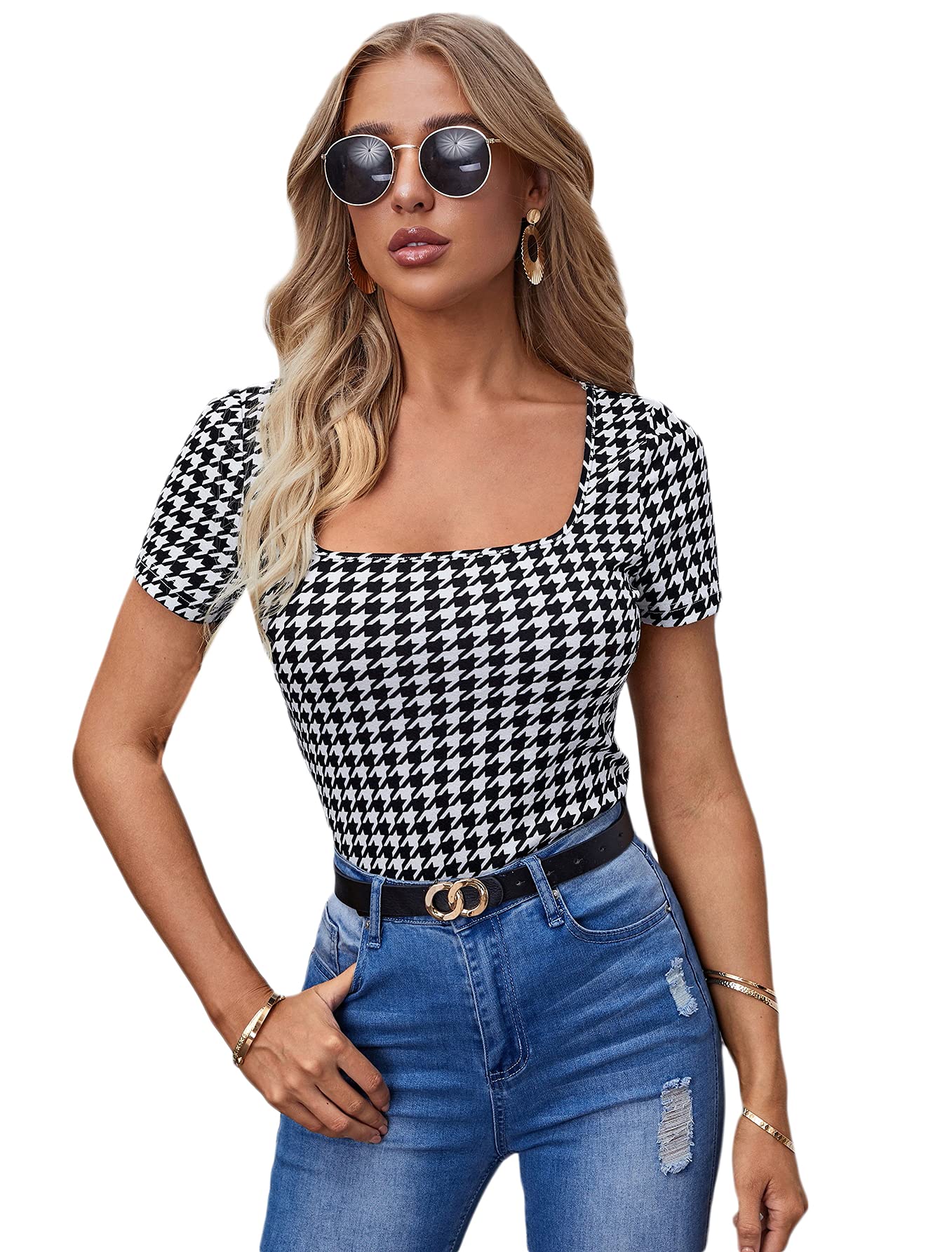 WDIRARAWomen's Plaid Square Neck Short Sleeve Top Casual Houndstooth T Shirt
