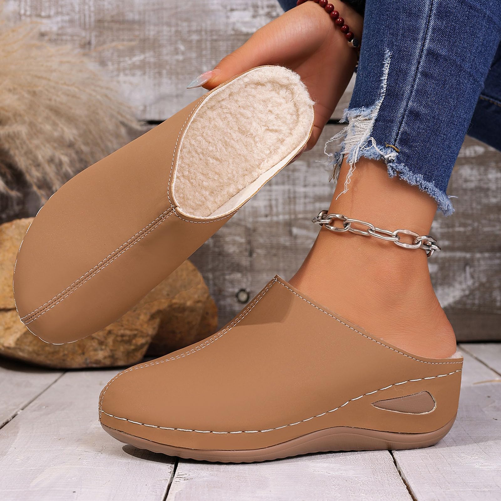 Pantuflas de invierno para interiores y exteriores, acogedoras, con forro sintético, tacón inclinado, suela cómoda y cálida, Khaki, 37.5 EU