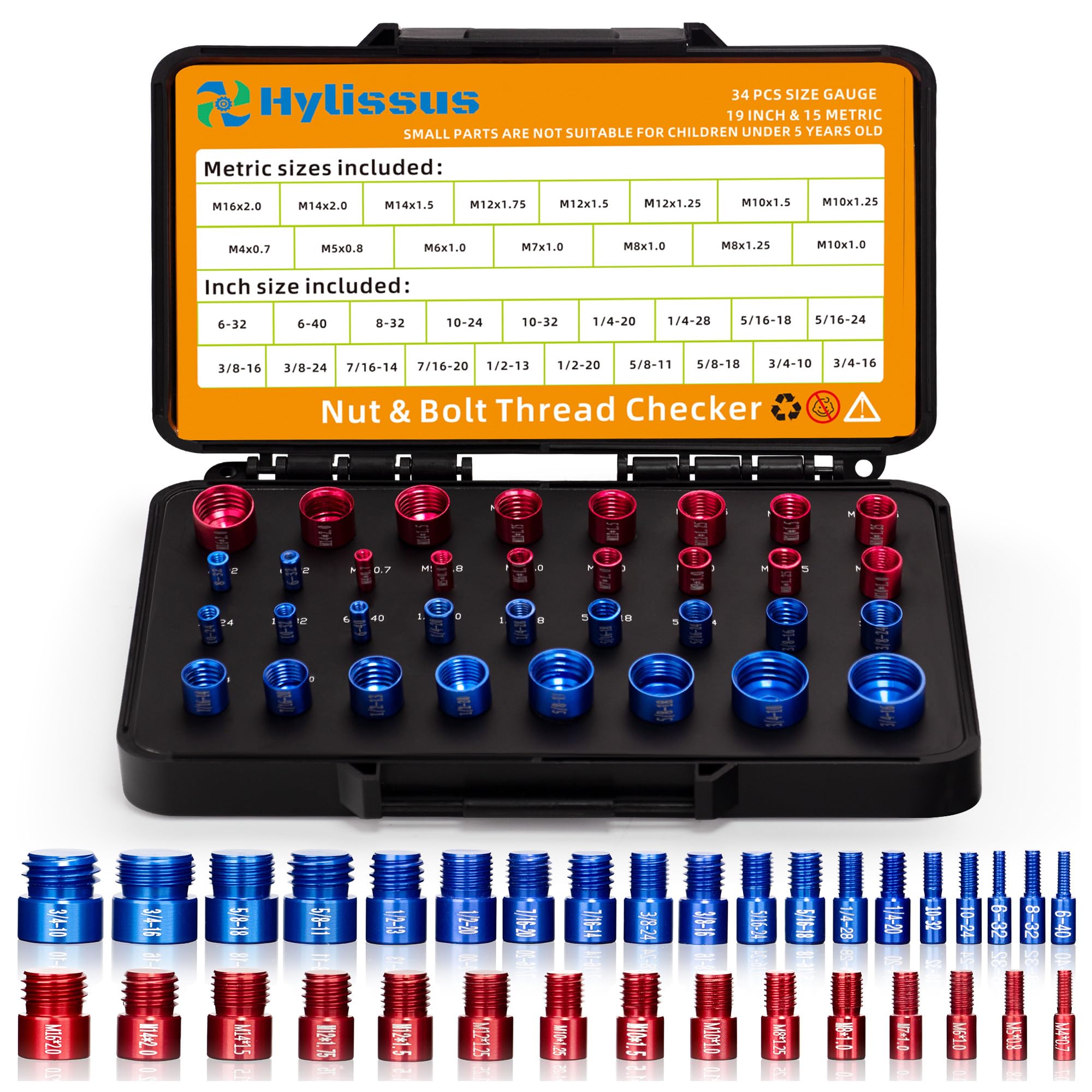 hylissus 34pcs Nut and Bolt Thread Checker Standard and Metric Set Thread Identifier Screw Size Gauge 19 Inch & 15 Metric for Detecting Fixed Bolts or Threaded Holes in Enclosed Areas