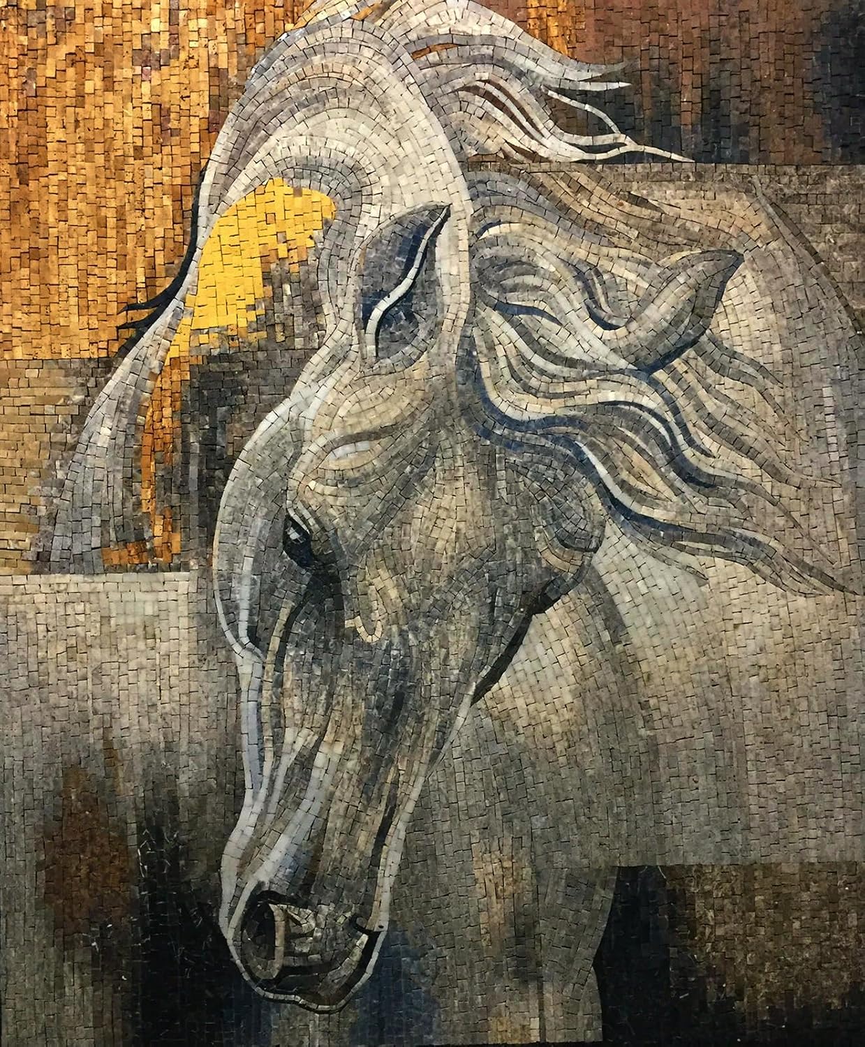 Handmade Noble Breed Marble Mosaic Wall Art, Horse Mosaic Tile Artwork, Hand-Cut Natural Stone Equestrian Wall Décor