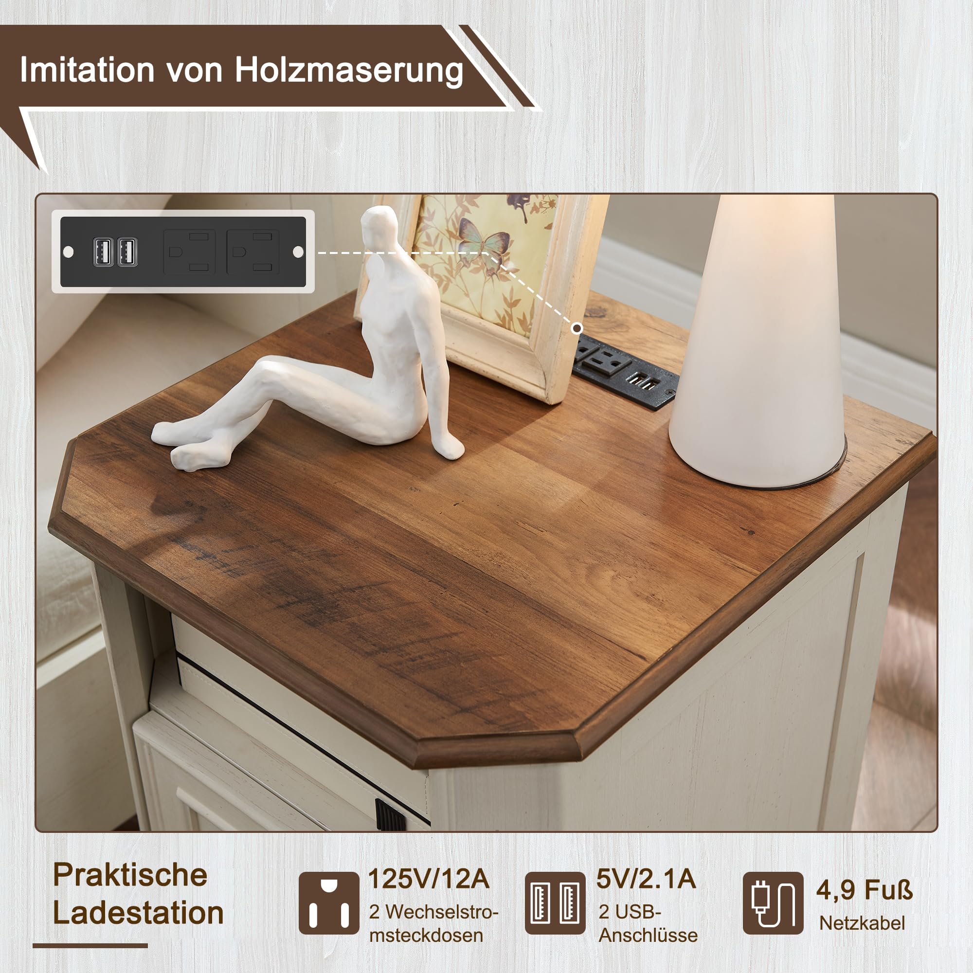 Landhausstil Nachttisch mit Ladestation, 45 cm Beistelltisch mit 2 Schubladen, Holztisch, Bettkombination für Schlafzimmer, Wohnzimmer (Antik Weiß)