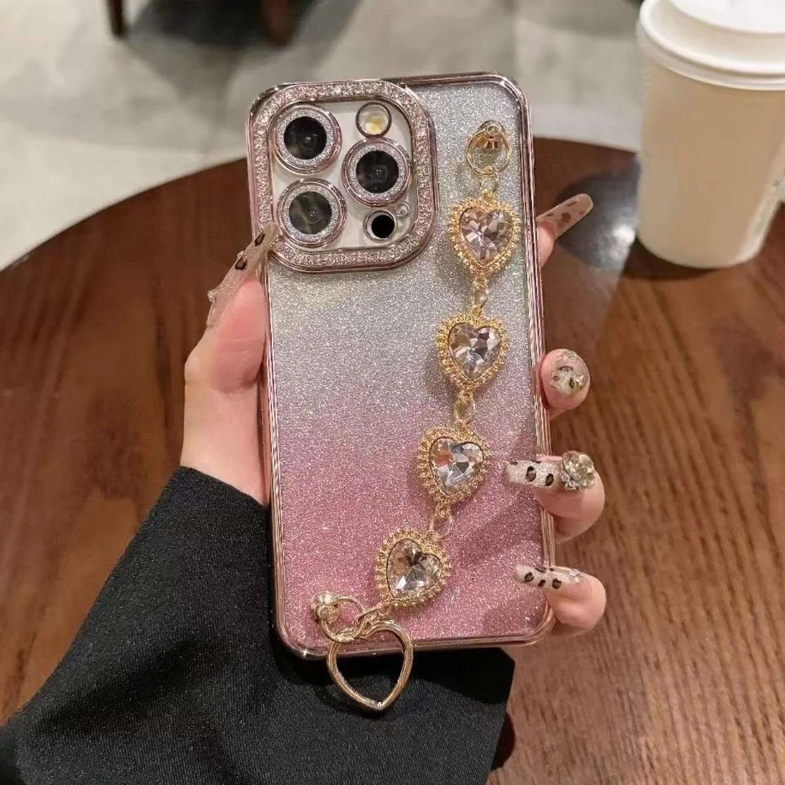 Funda de Pulsera de Lujo con diseño de corazón y Purpurina degradada para iPhone 16 ProMax (para iPhone 16 ProMax/Rosa GS)