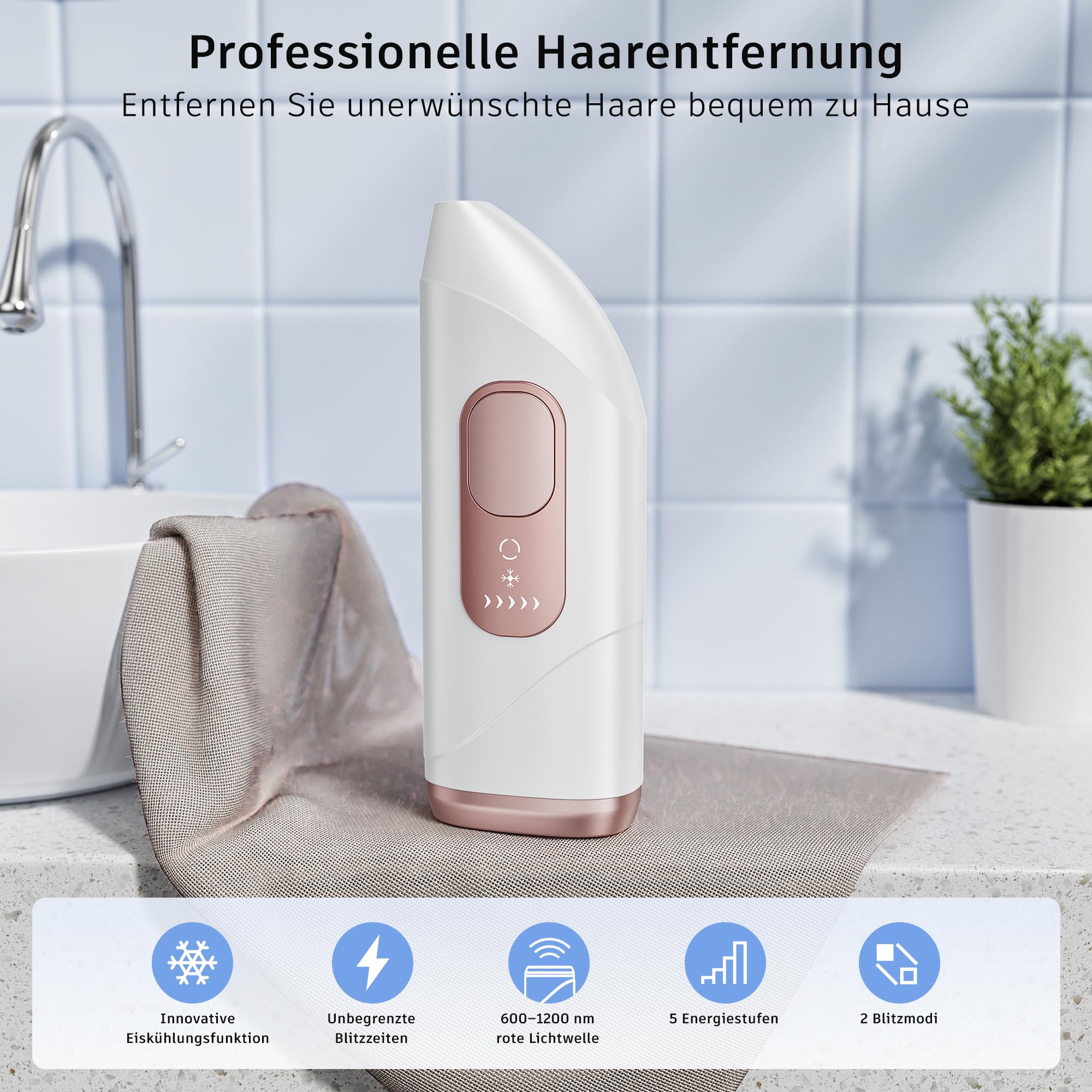 IPL Laser Haarentfernung mit Kühlfunktion, Unbegrenzten Blitzen, 600-1200NM Rotlichttechnologie, Schmerzfrei für Frauen Männer Körper - Rose