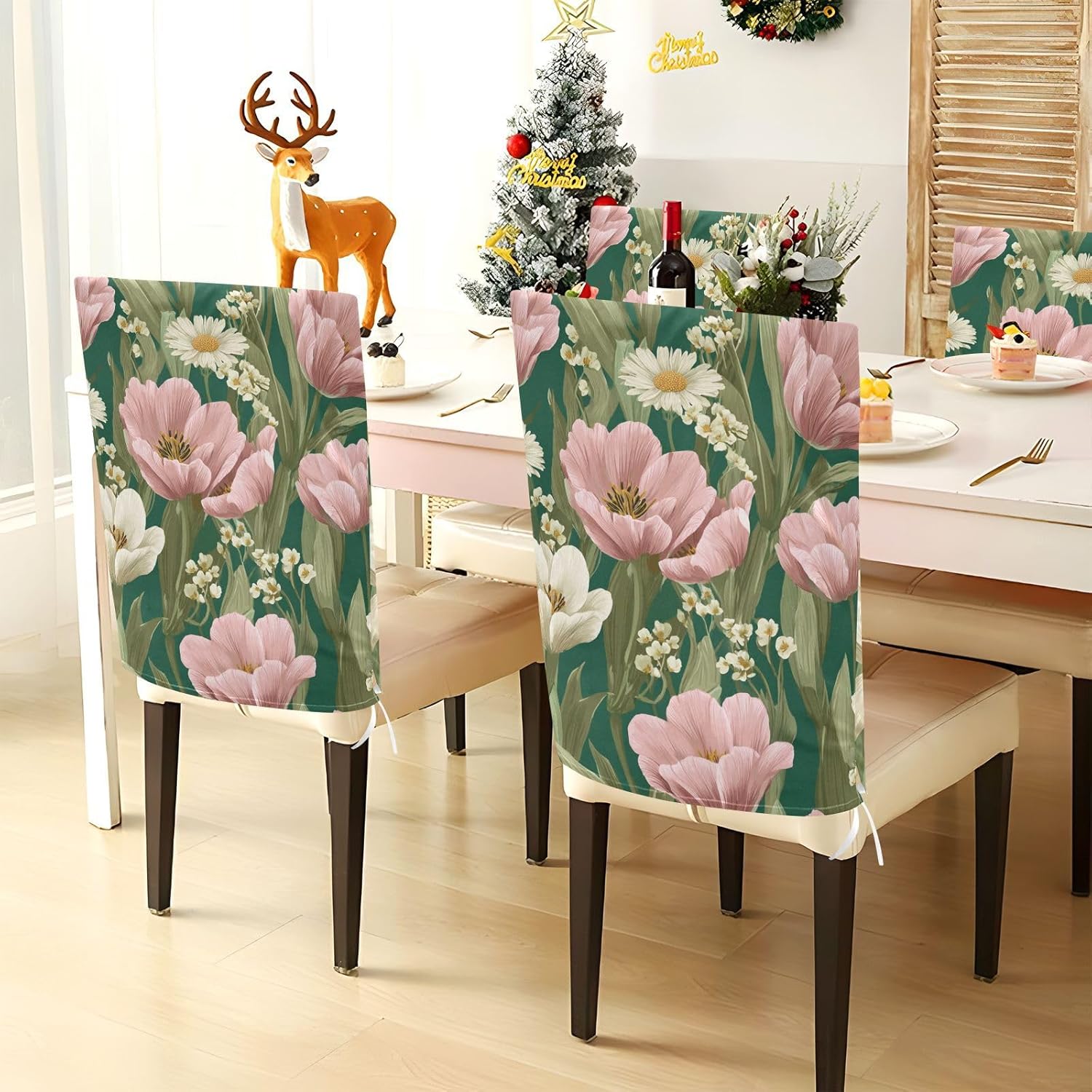 ALAZA Spring Tulips Flowers Daisies Chair Back Cover Set of 6, Washable Reusable Removable Chair Slipcovers Decorative Chair Cover for Home Kitchen Wedding Party