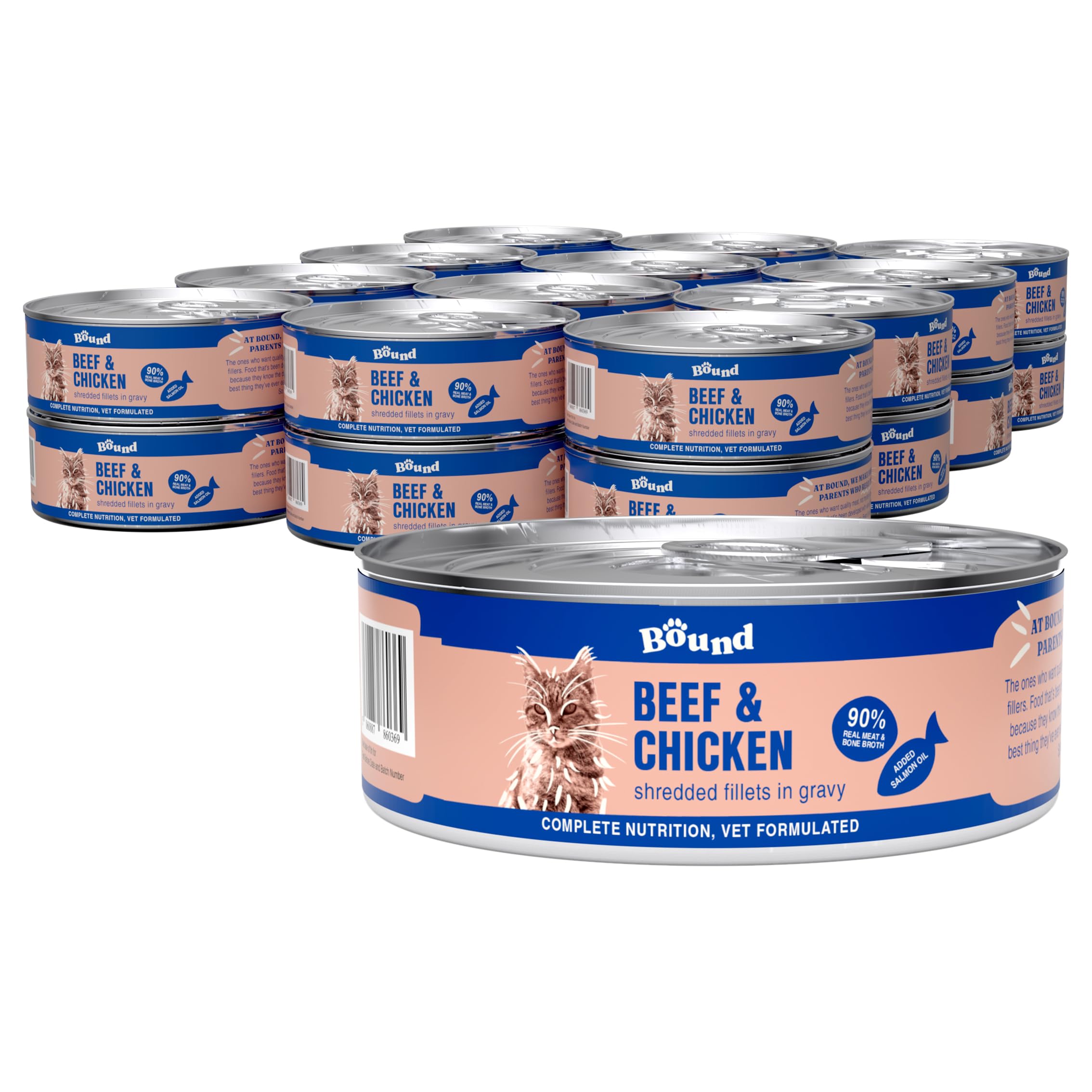 Bound Pets Wet Cat Food: 70% Meat, Grain-Free, Vet-Developed - Shredded Beef and Chicken in Gravy for Cats (18 x 70g cans)