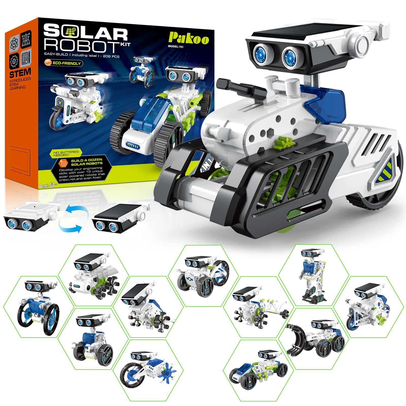 12-in-1 Solar Robot Kit for Kids 8-12, STEM Educational Building Toys with Solar & Battery Power, DIY Science Experiment Projects, Easter Birthday Gifts for Boys Girls Age 8 9 10 11 12 Years Old-Green