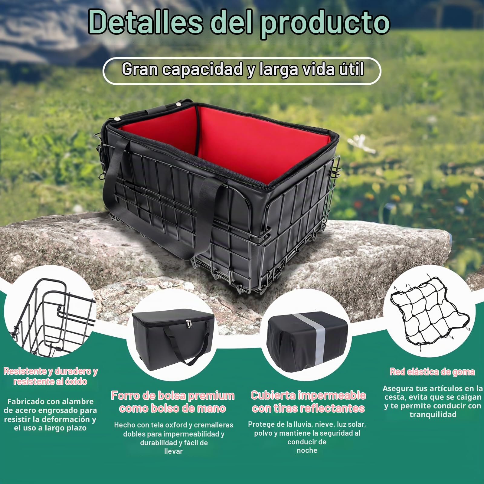 Cesta Trasera Bicicleta de Metal con Bolsillo Interior, Cesta Portaequipajes Universal para Compra Viaje Transporte de Mascotas y Alimentos, Compatible con Bicicletas y Bicicletas Eléctricas